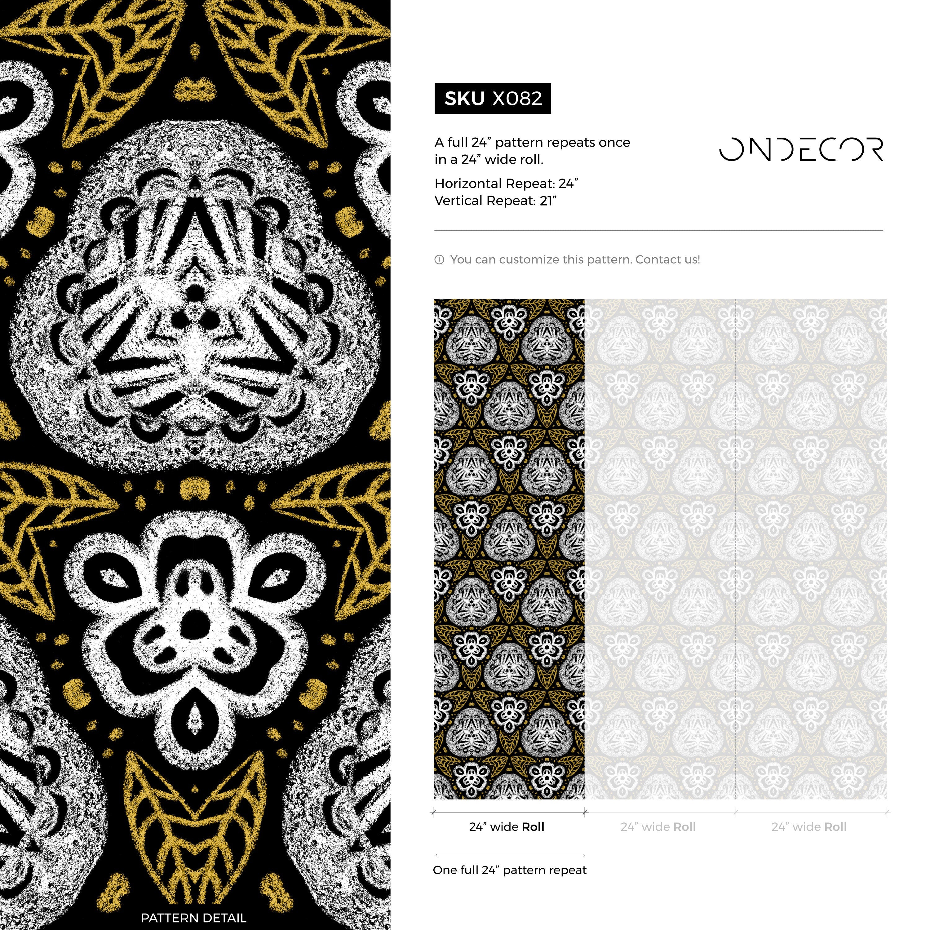 Bohemian Wallpaper With A Chalk Drawn Folk Art Motif In Black, White, And Gold - X082