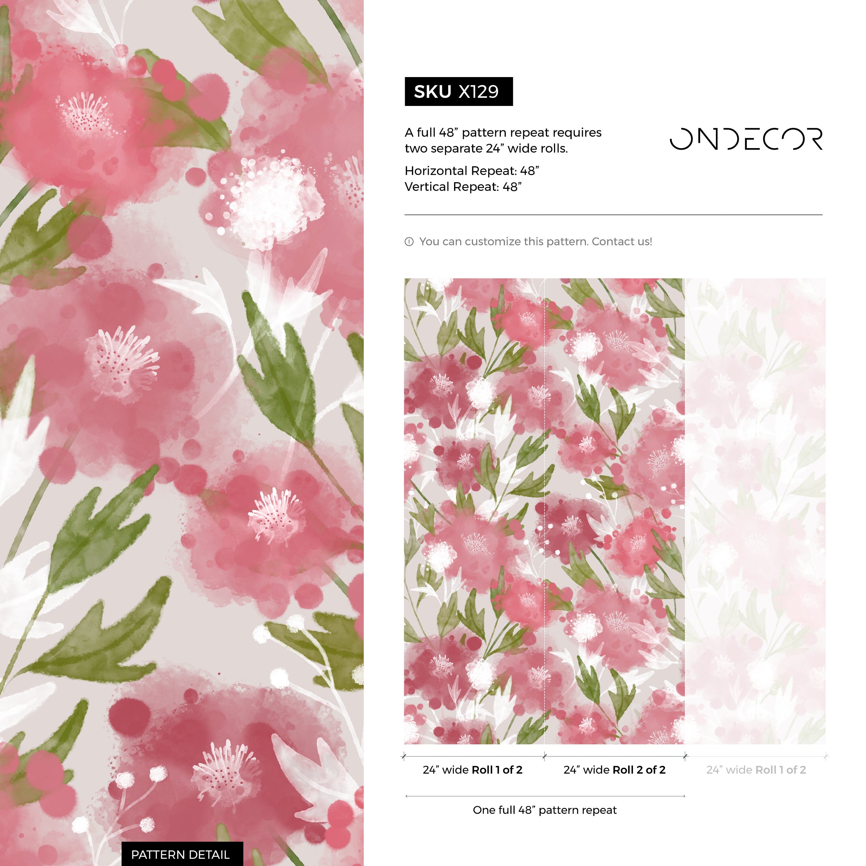 Floral Wallpaper With A Watercolor Motif In Pink And Green - X129