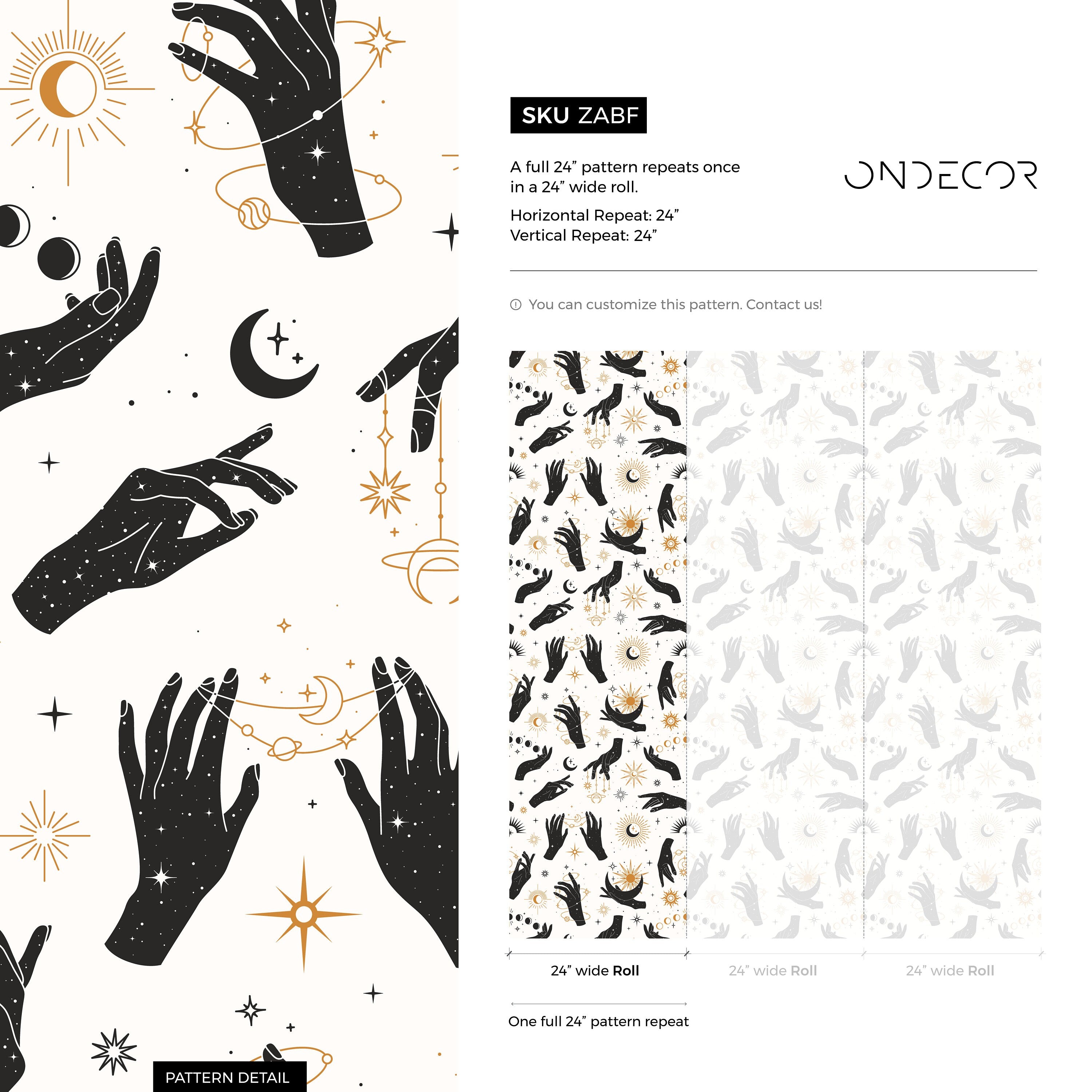 Celestial Wallpaper With Mystical Hands, Suns, And Moons In Black And Gold - Zabf