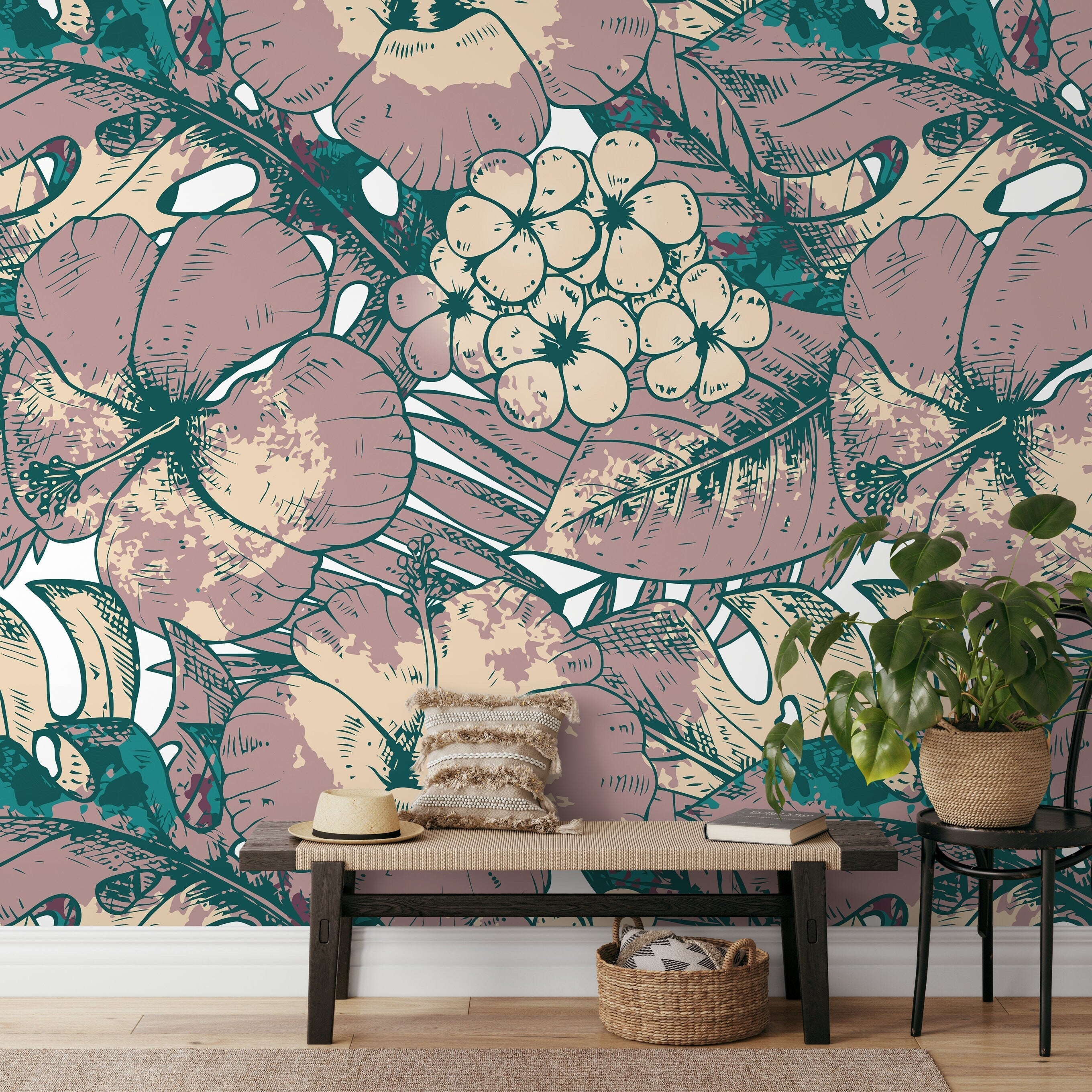 Tropical Wallpaper With Sketched Hibiscus In Mauve, Teal, And Beige - D952