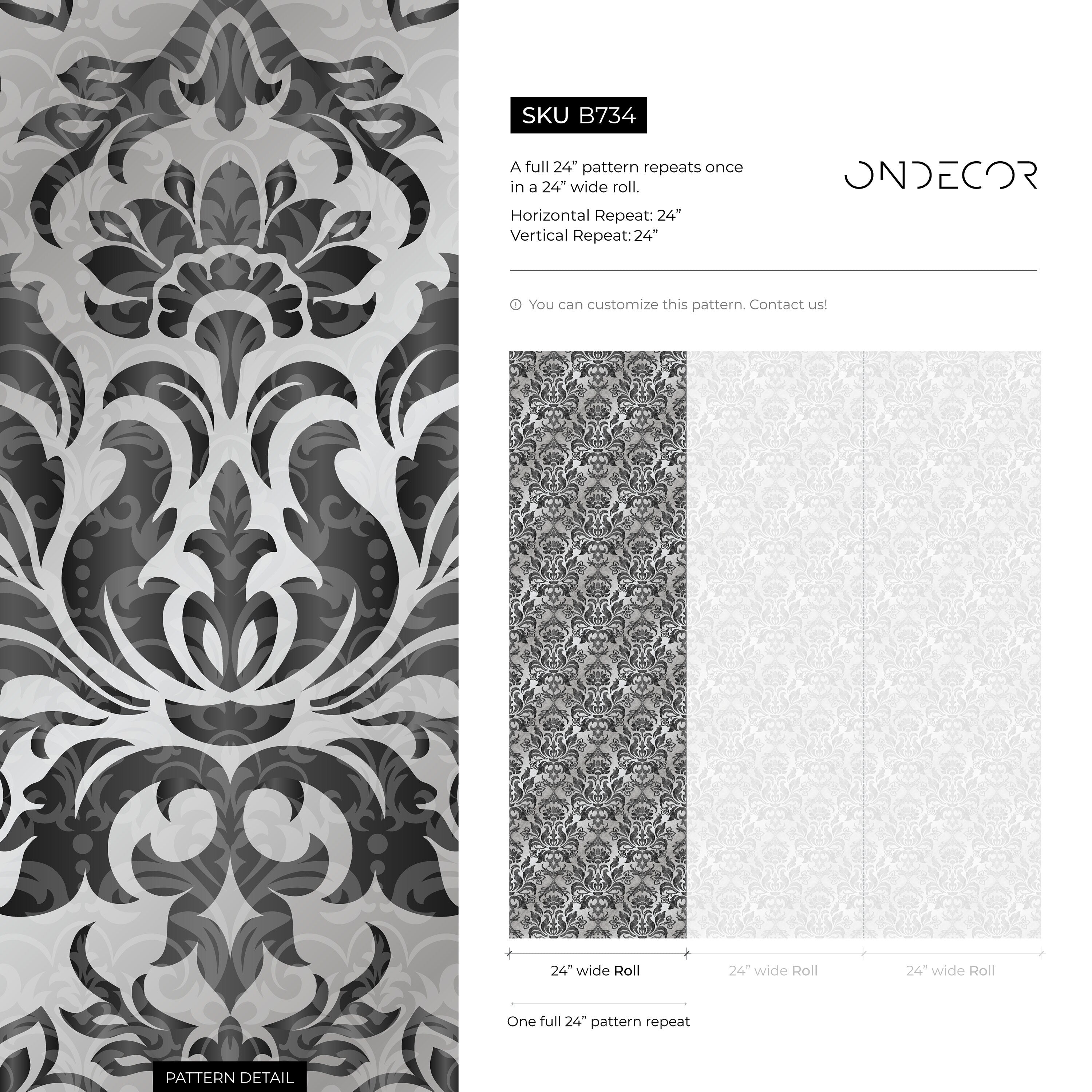 Damask Wallpaper With An Elegant Vintage Motif In Black And Grey - B734