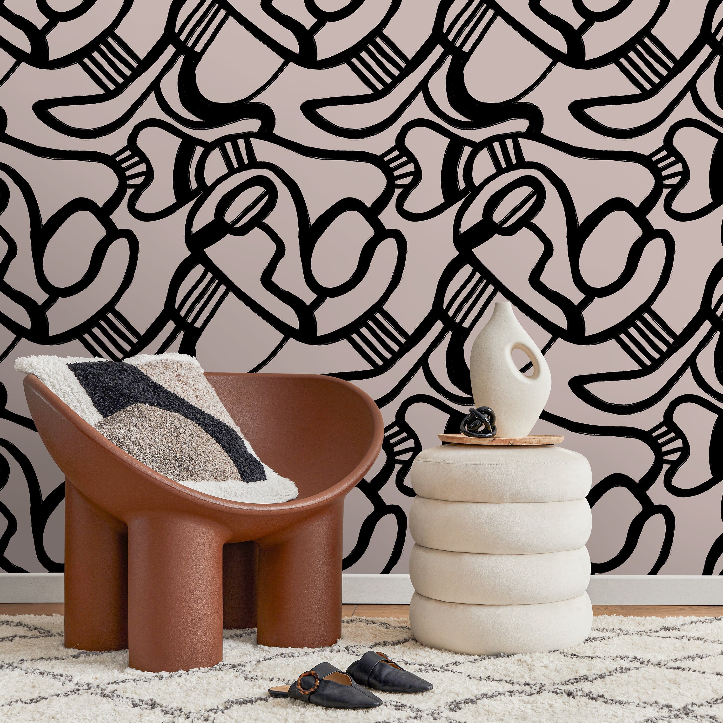Abstract Wallpaper With Bold Brushstroke Lines In Black And Rose - X133