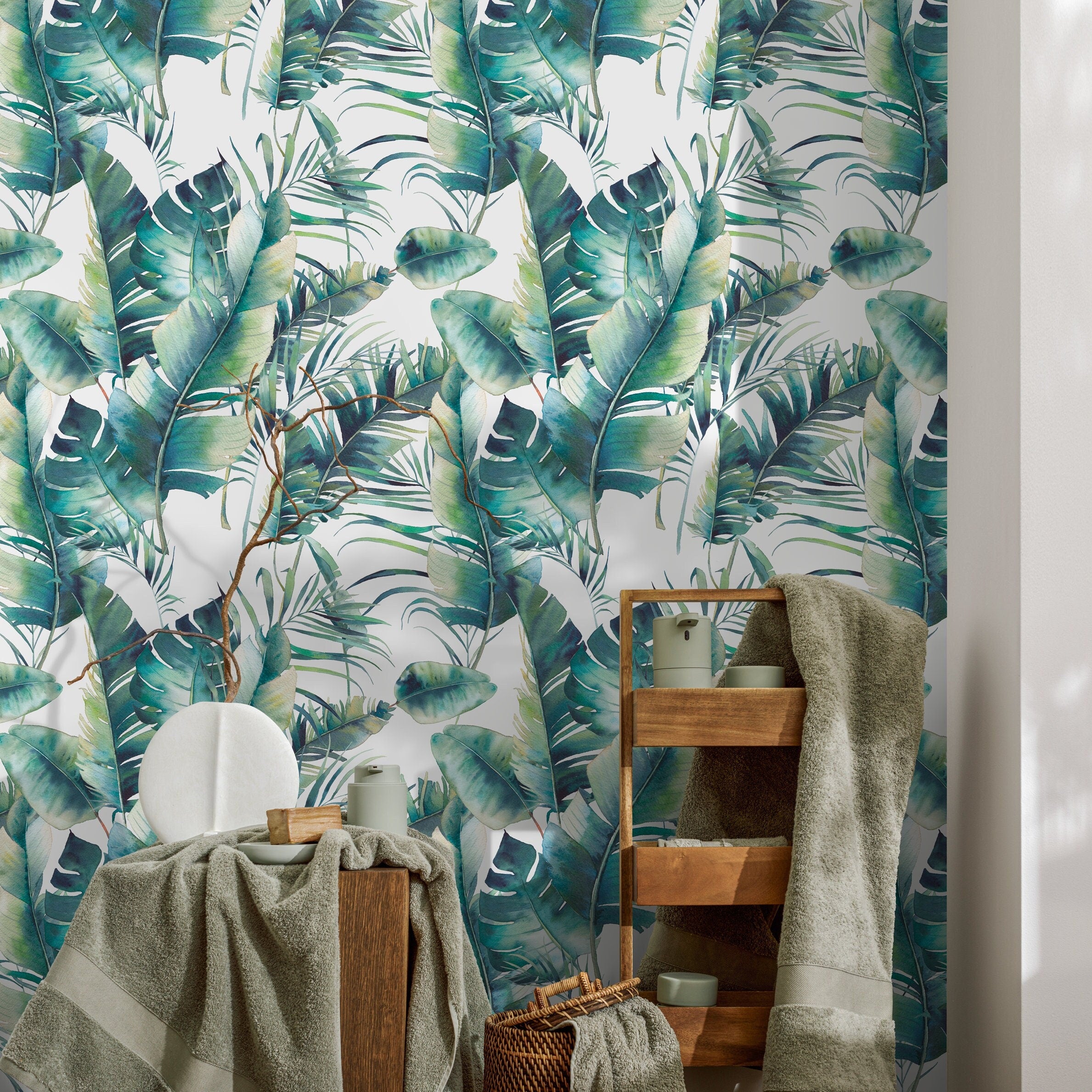 Tropical Wallpaper With Watercolor Palm Leaves In Green And Teal - A512