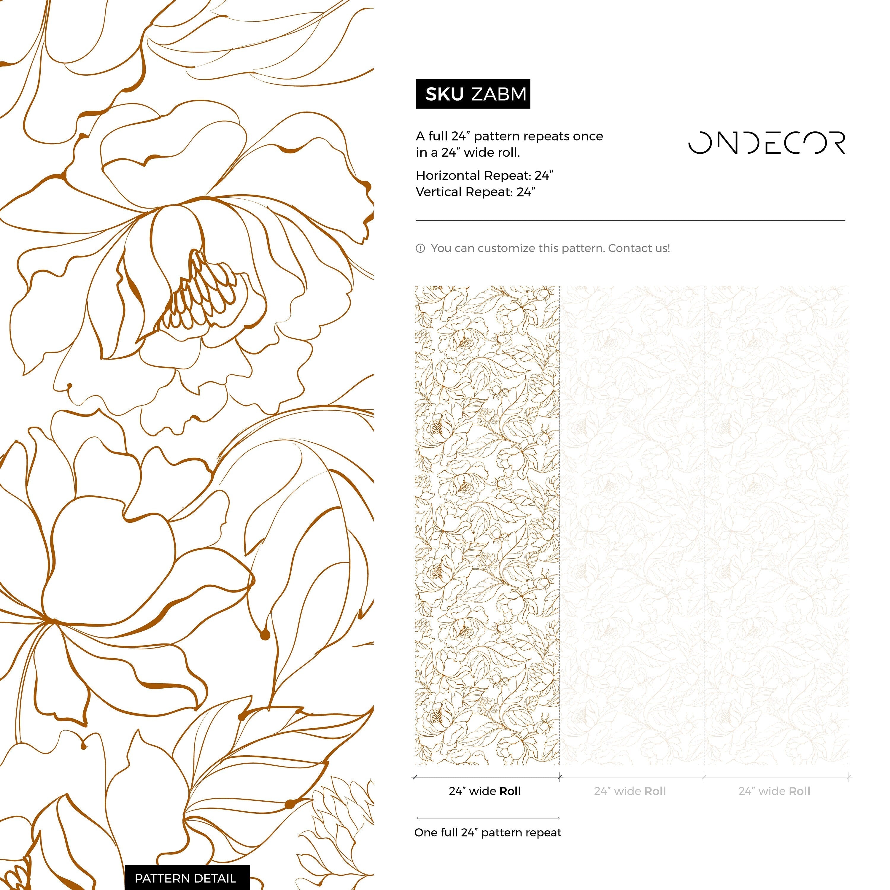 Floral Wallpaper With A Minimalist Peony Line Art Motif In Brown - Zabm