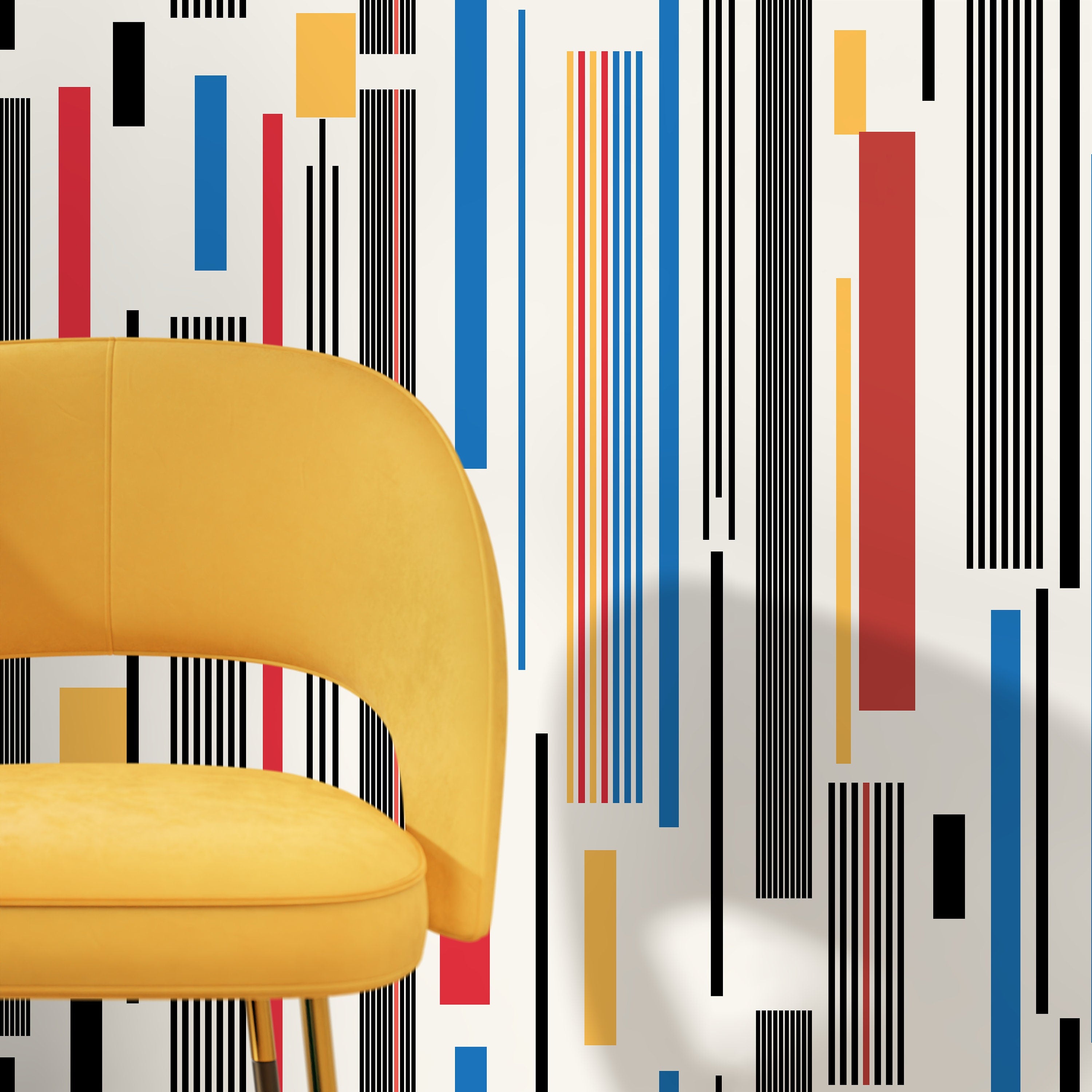 Geometric Wallpaper With Bold Vertical Stripes In Red, Blue, And Yellow - D741
