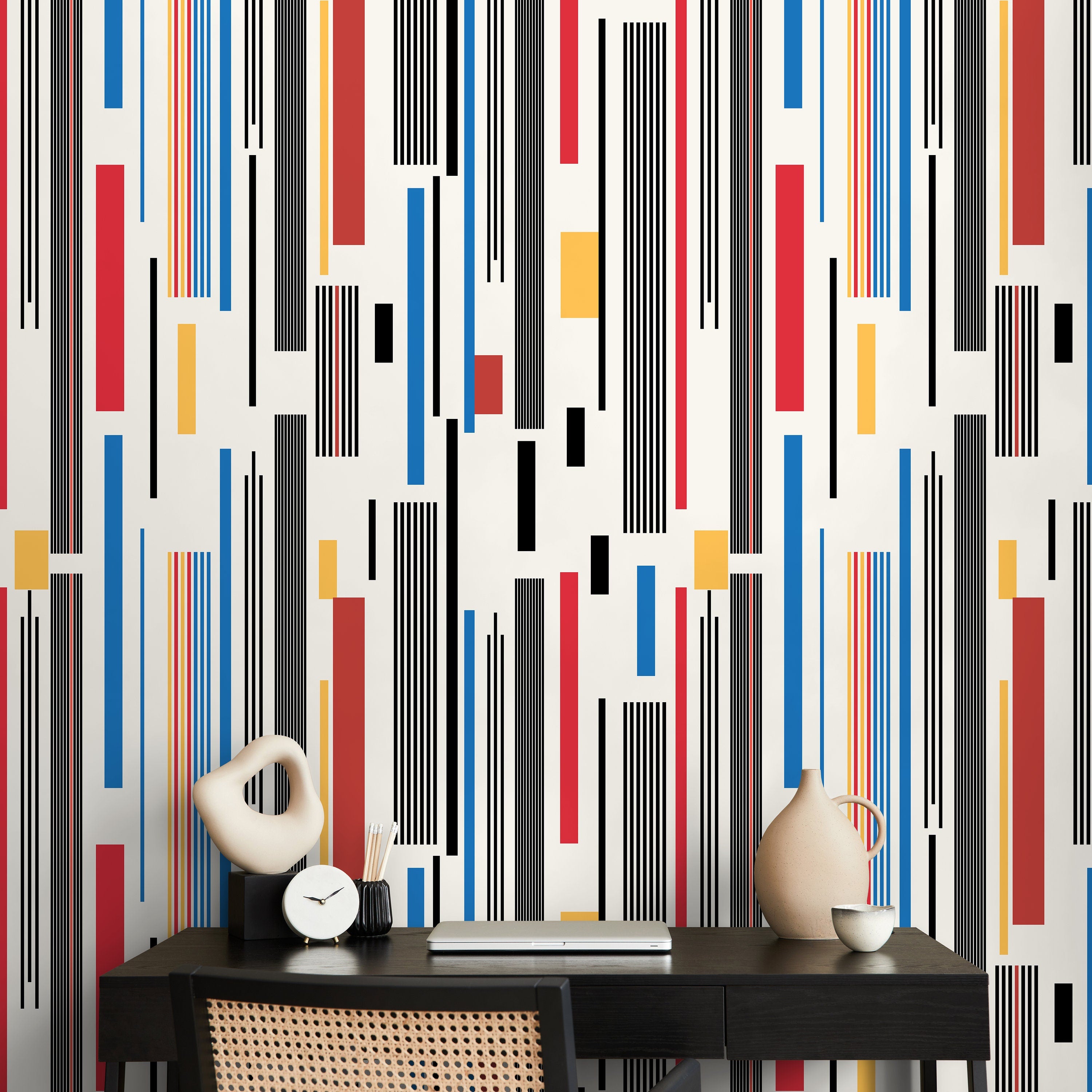 Geometric Wallpaper With Bold Vertical Stripes In Red, Blue, And Yellow - D741
