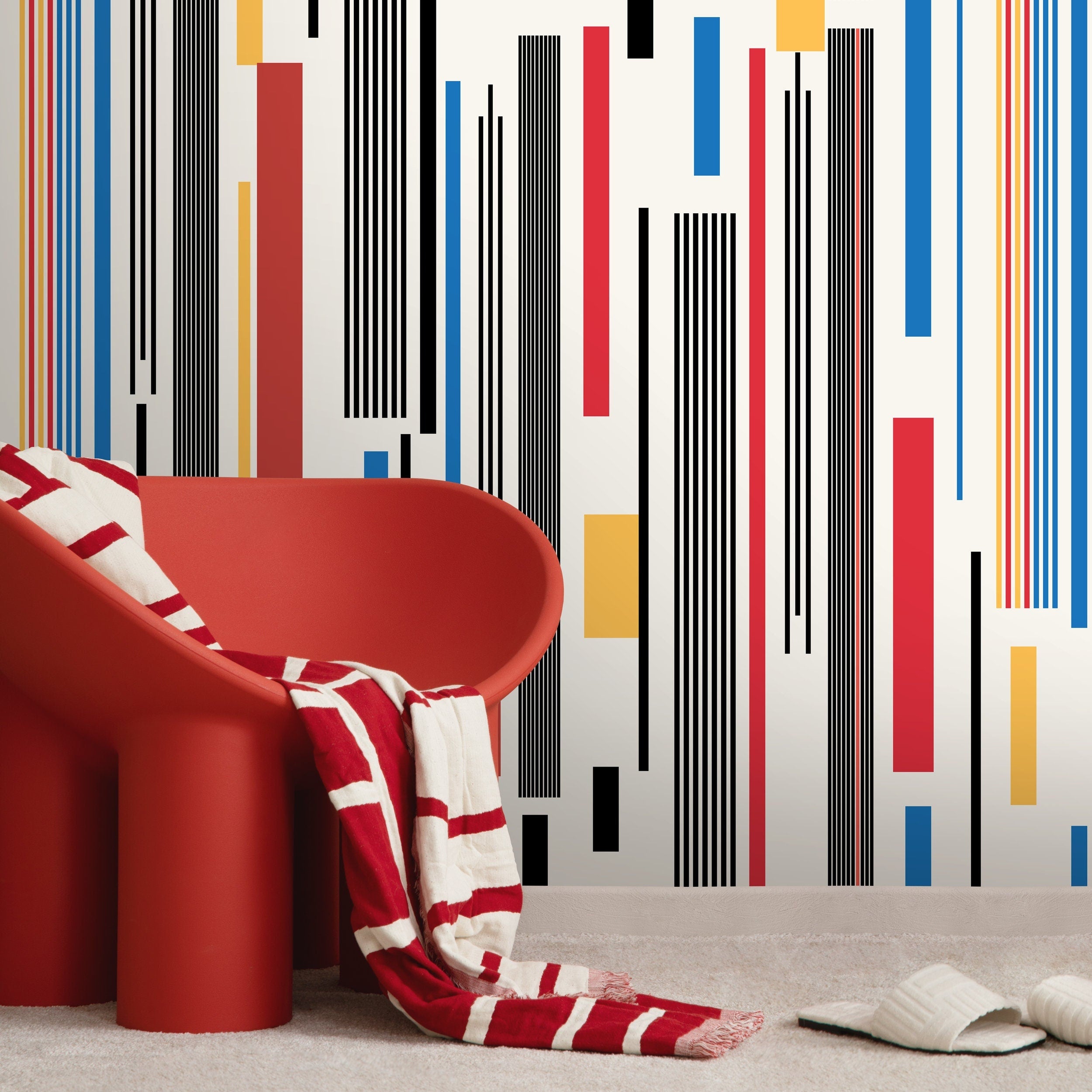 Geometric Wallpaper With Bold Vertical Stripes In Red, Blue, And Yellow - D741
