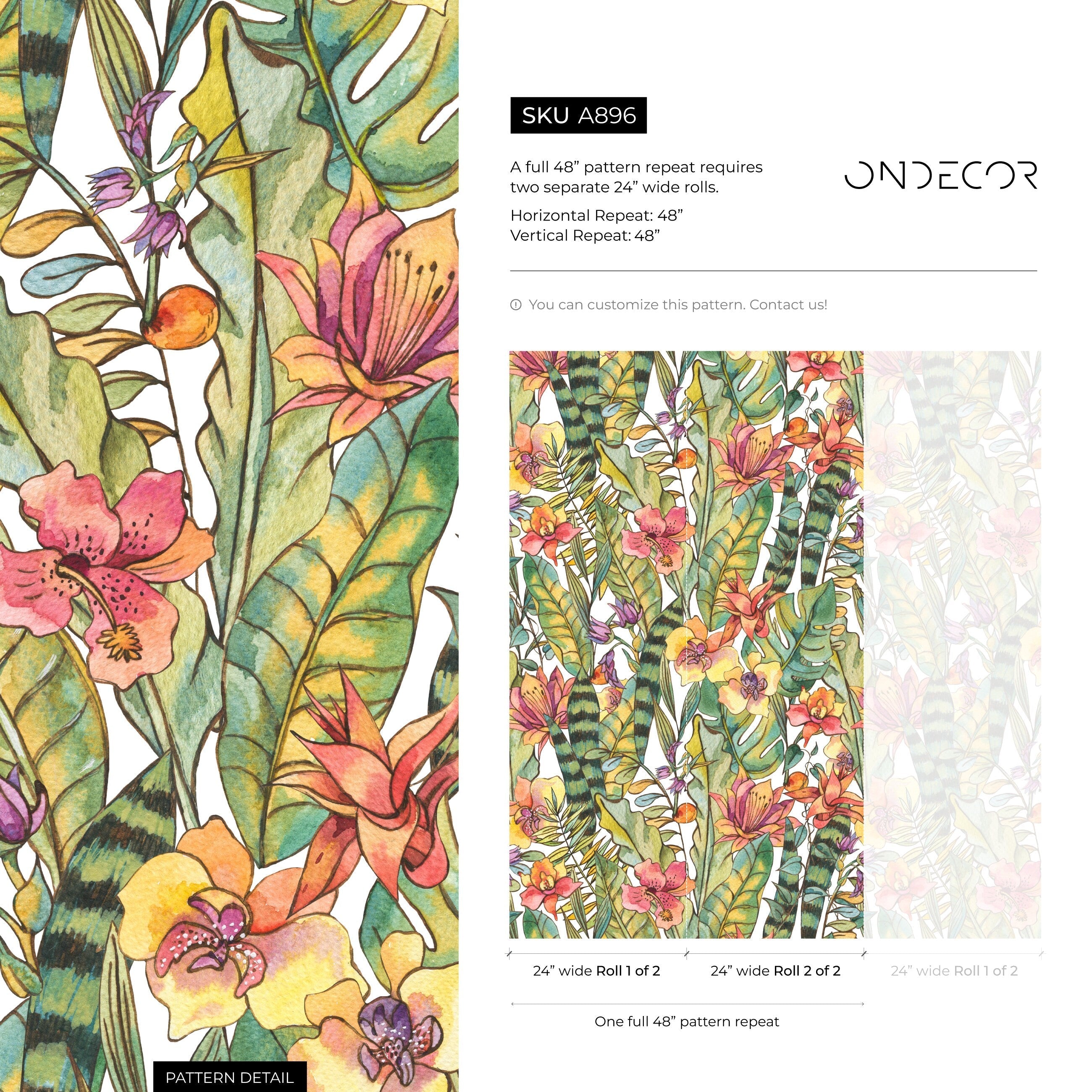 Tropical Wallpaper With A Watercolor Jungle Motif In Green, Pink, And Orange - A896