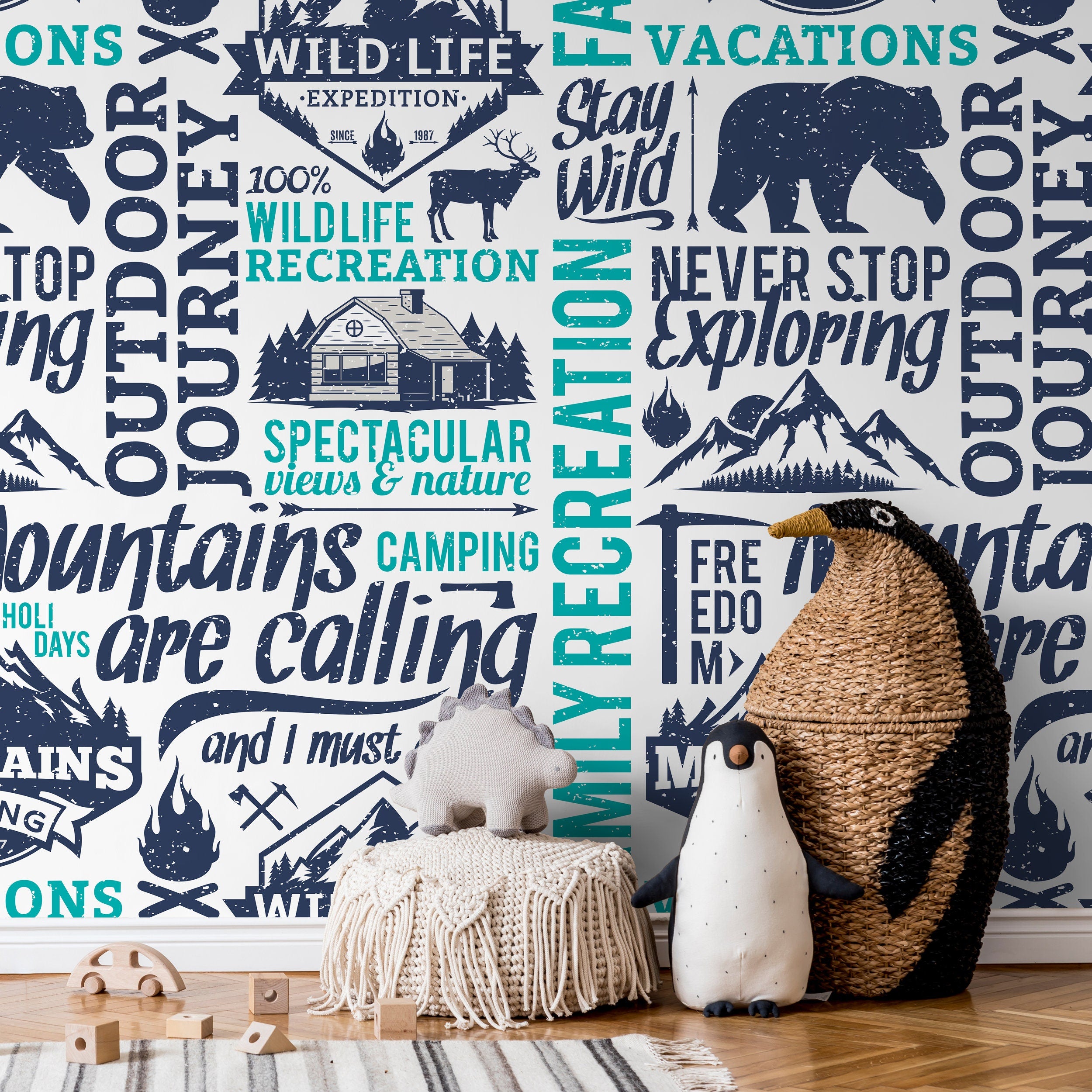 Modern Typography Wallpaper With A Rustic Outdoor Theme In Navy Blue And Teal - D938