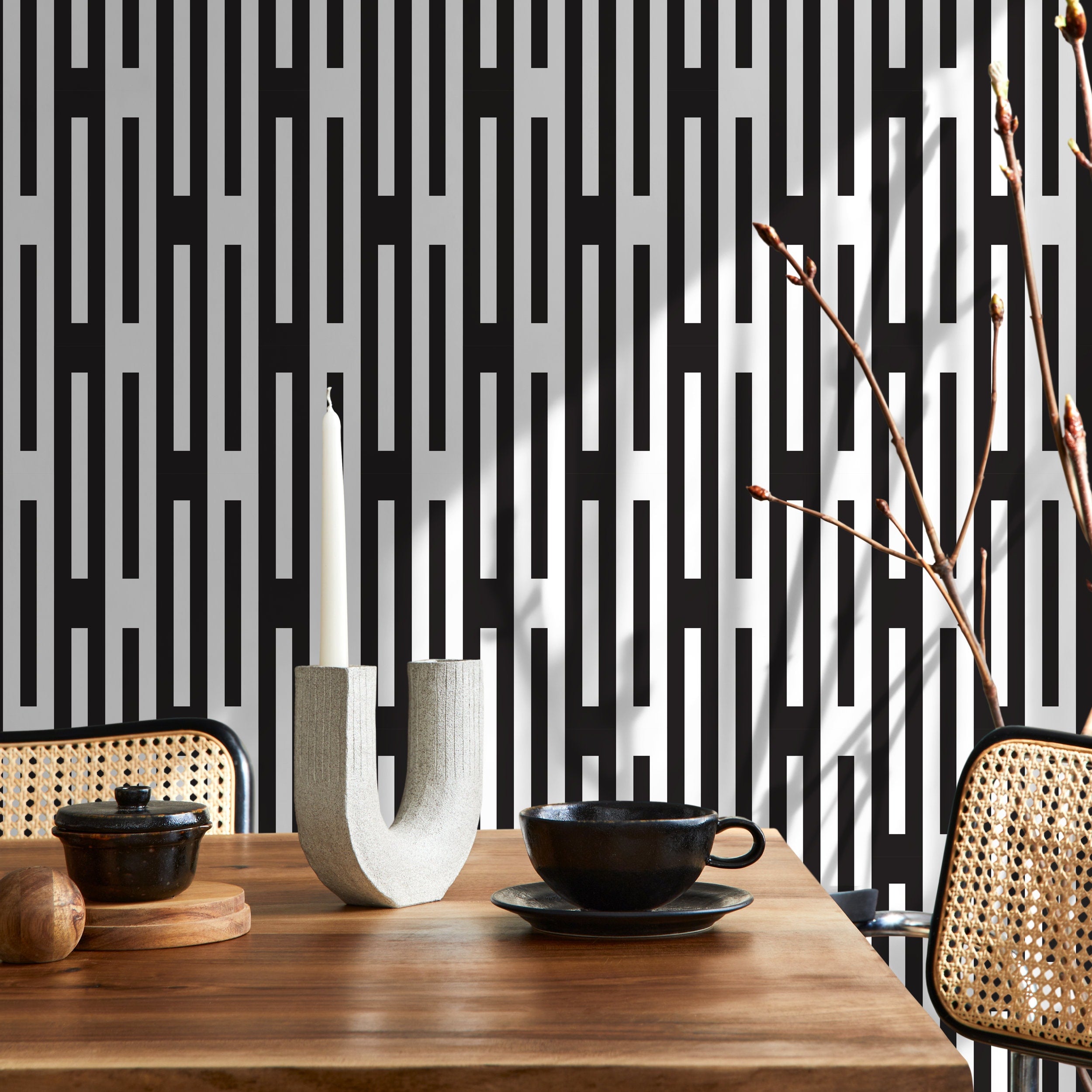 Geometric Wallpaper With An Interlocking Line Motif In Black And White - D939