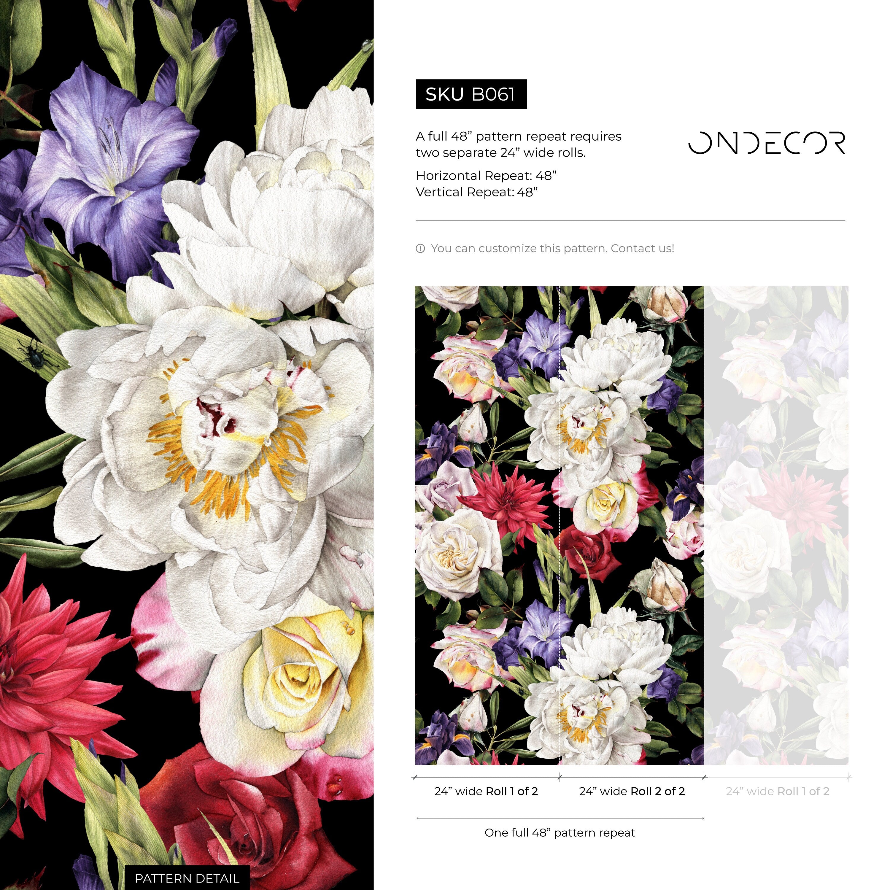 Floral Wallpaper With Peonies And Roses In White, Red, And Purple - B061