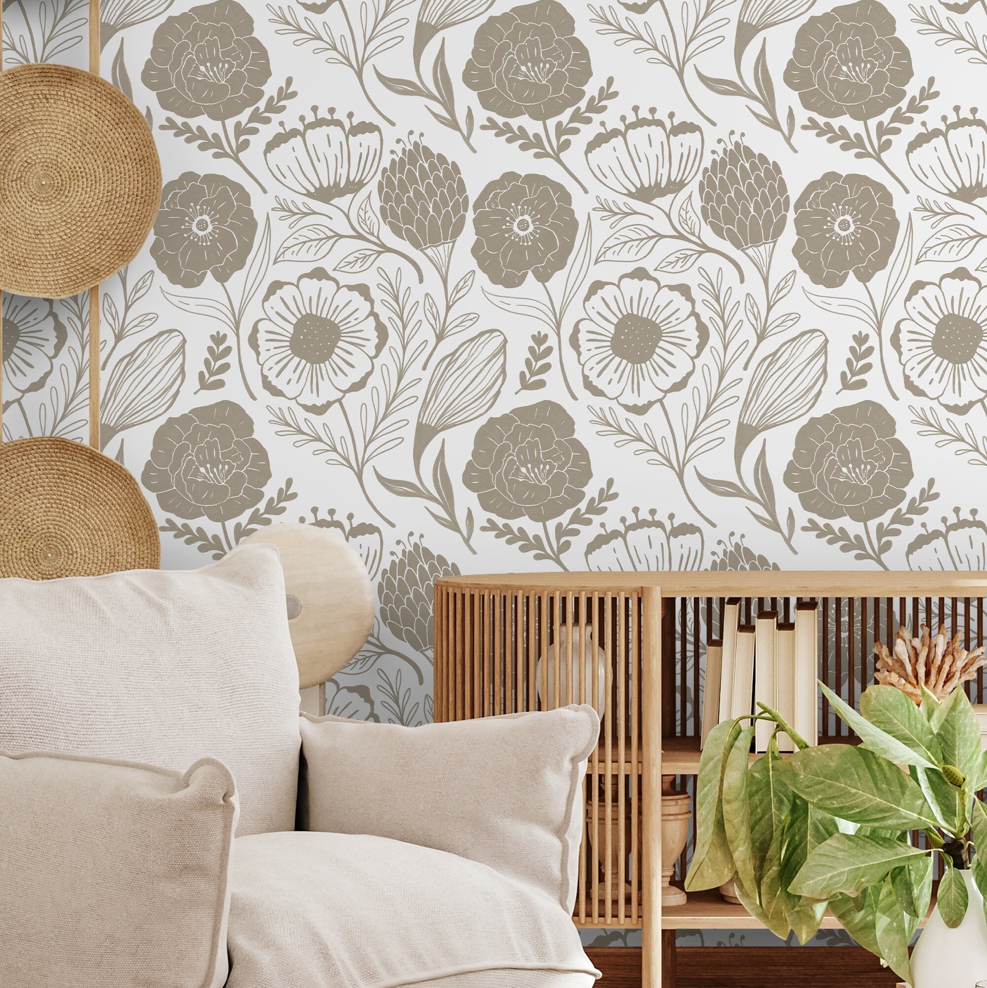 Floral Wallpaper Featuring Hand-drawn Blooms In Beige - D946