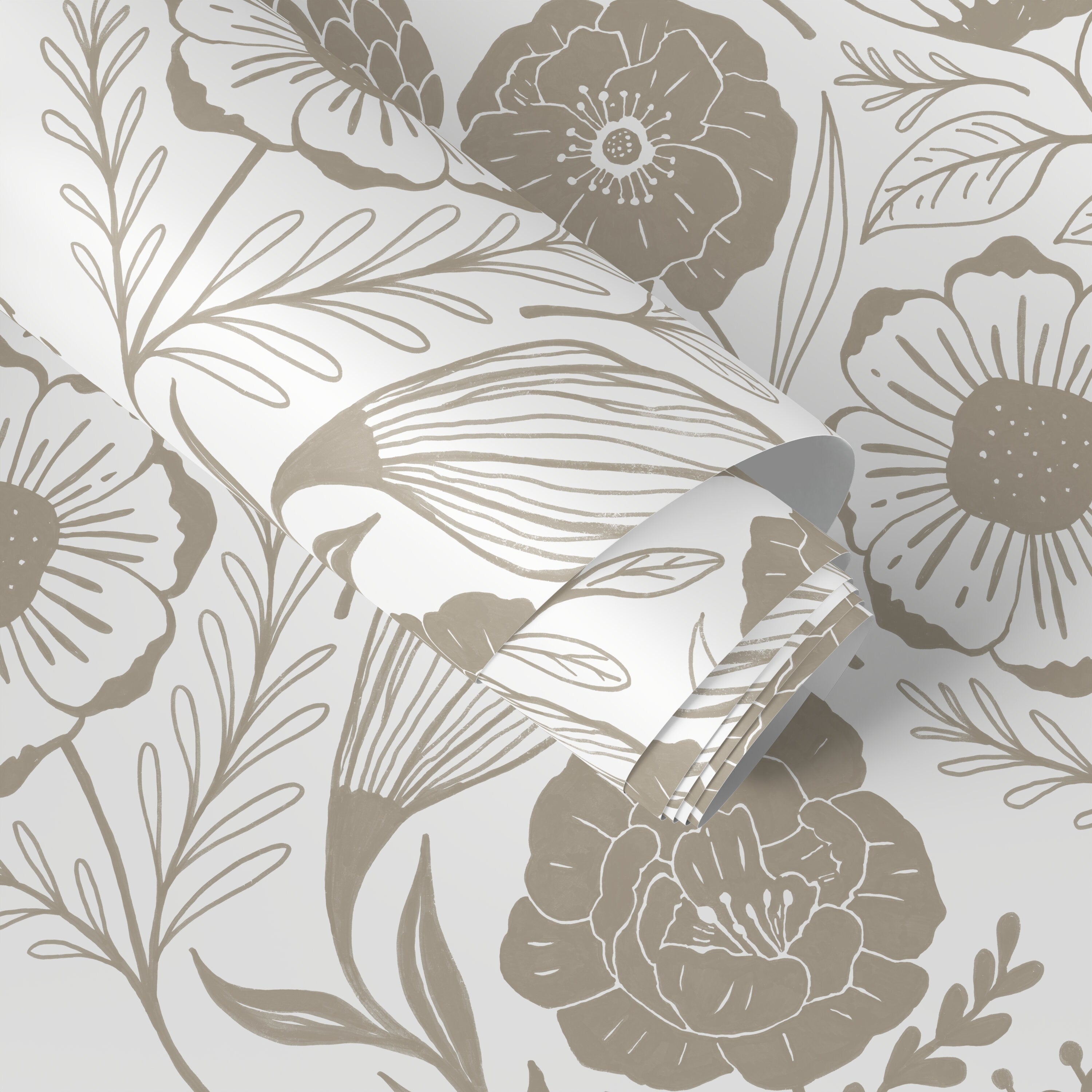 Floral Wallpaper Featuring Hand-drawn Blooms In Beige - D946