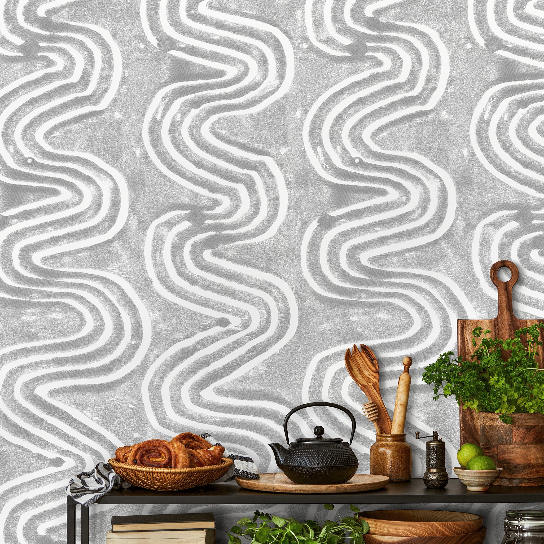 Abstract Wallpaper With Wavy Lines In Gray And White - X095