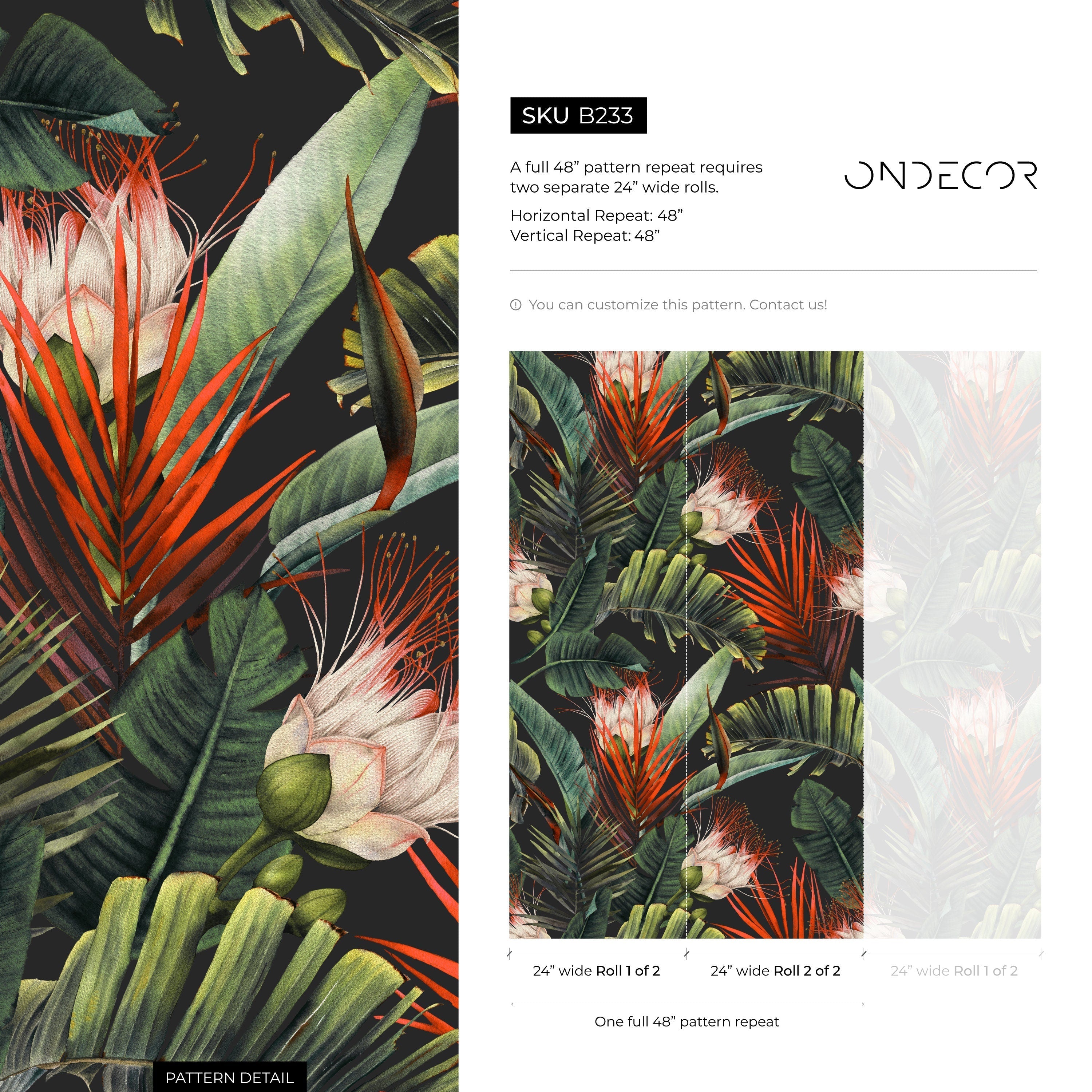 Tropical Wallpaper With Lush Palm Leaves And Flowers In Green And Red - B233