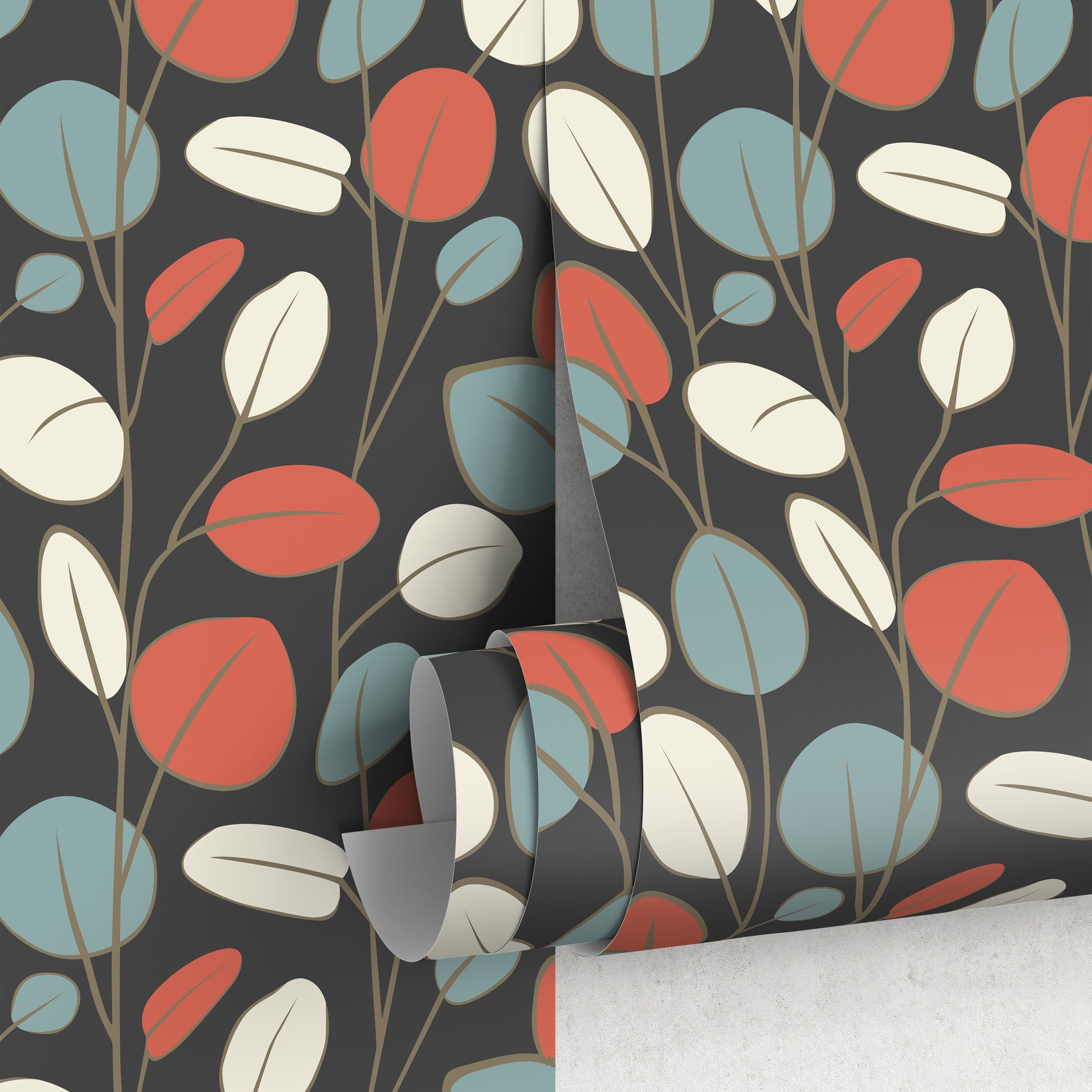 Botanical Wallpaper With Modern Leaves In Terracotta, Blue, And Beige - D940
