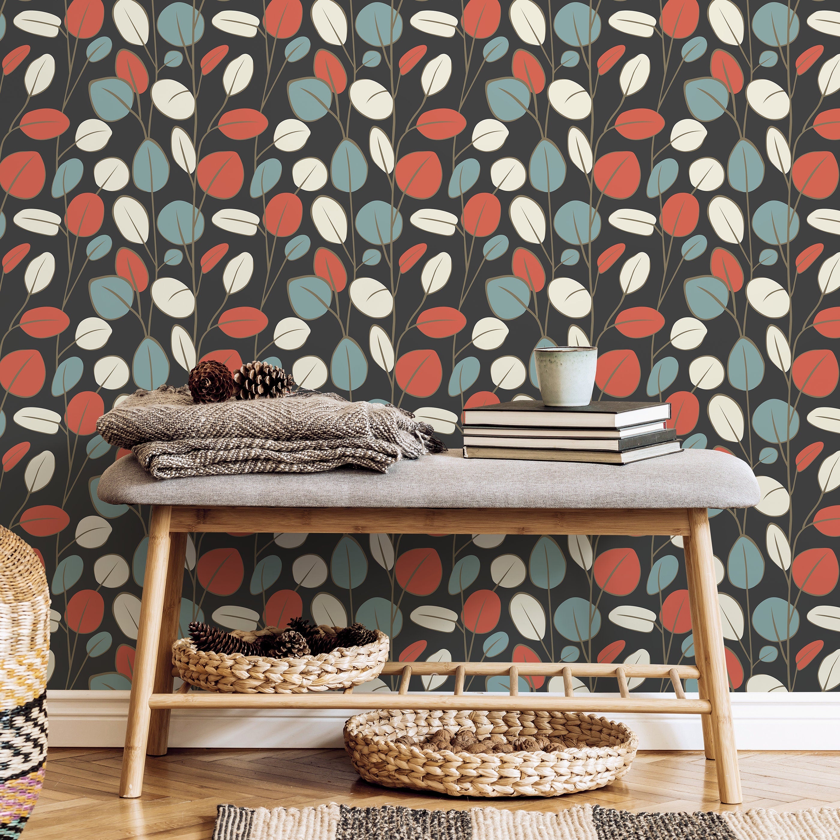 Botanical Wallpaper With Modern Leaves In Terracotta, Blue, And Beige - D940