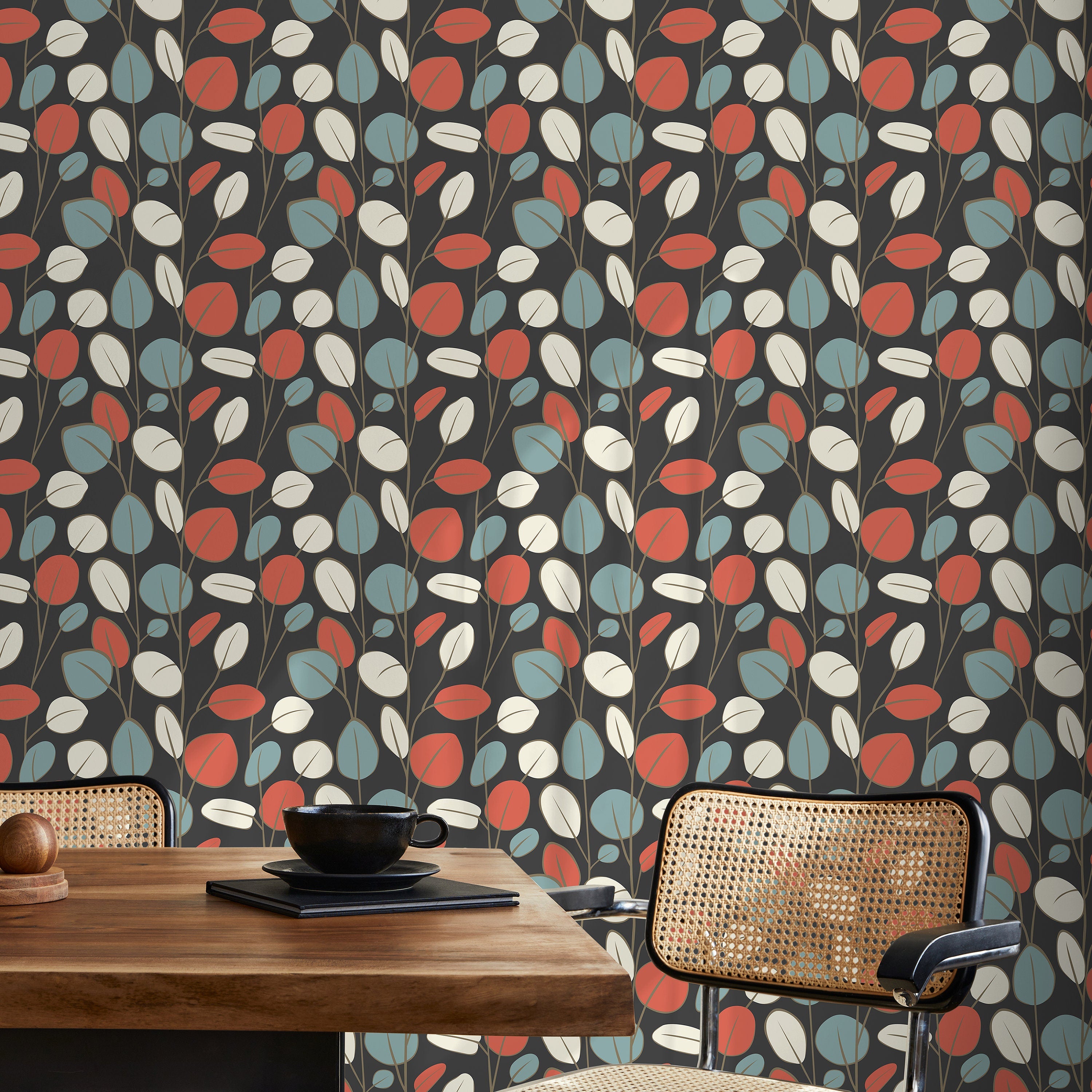 Botanical Wallpaper With Modern Leaves In Terracotta, Blue, And Beige - D940