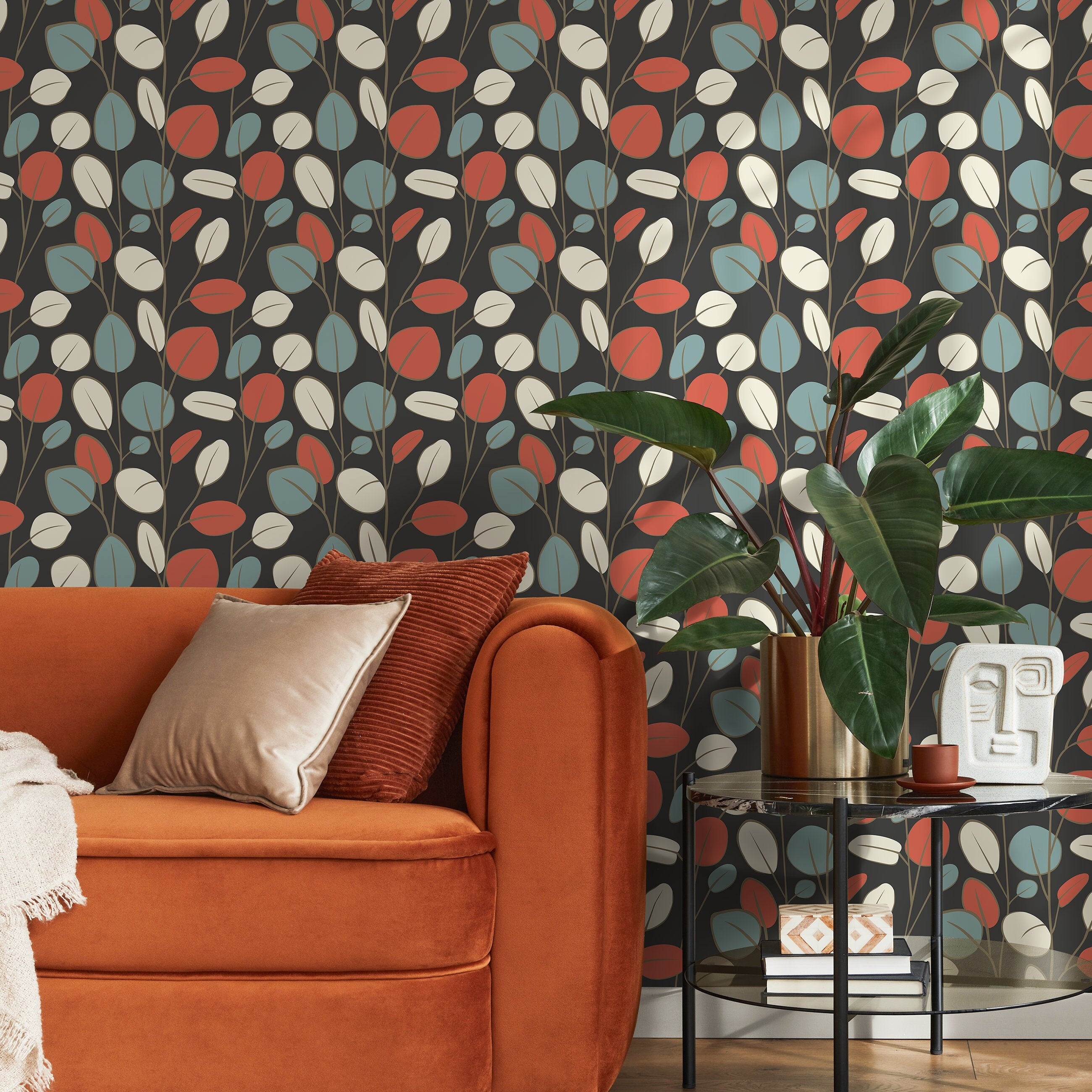 Botanical Wallpaper With Modern Leaves In Terracotta, Blue, And Beige - D940