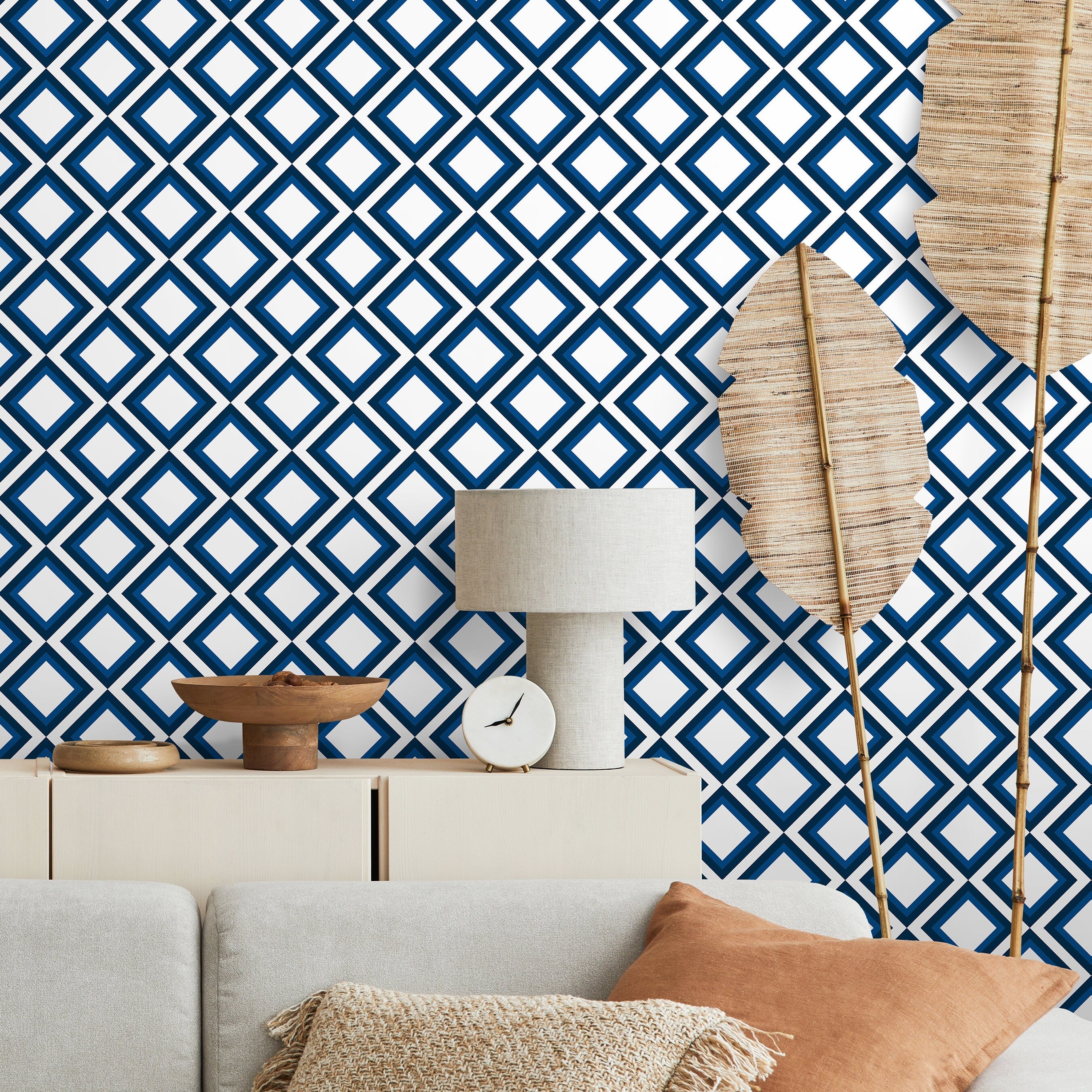 Geometric Wallpaper With A Concentric Diamond Motif In Blue And White - A330