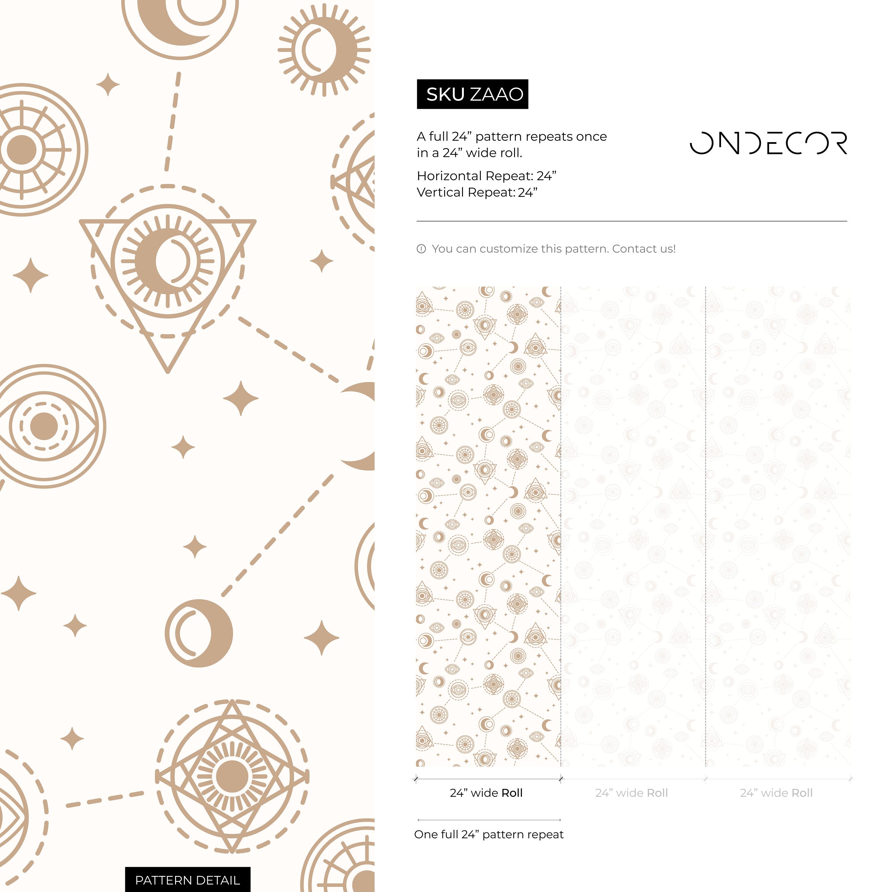 Celestial Wallpaper With Mystical Eye And Moon Motifs In Gold And Beige - Zaao