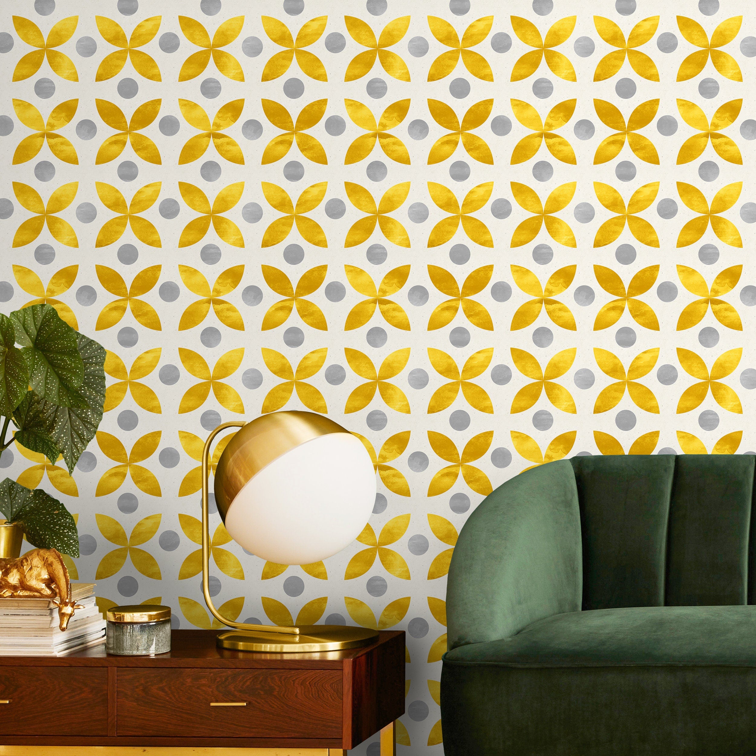 Geometric Wallpaper With A Scandinavian Floral Motif In Yellow And Grey - A737
