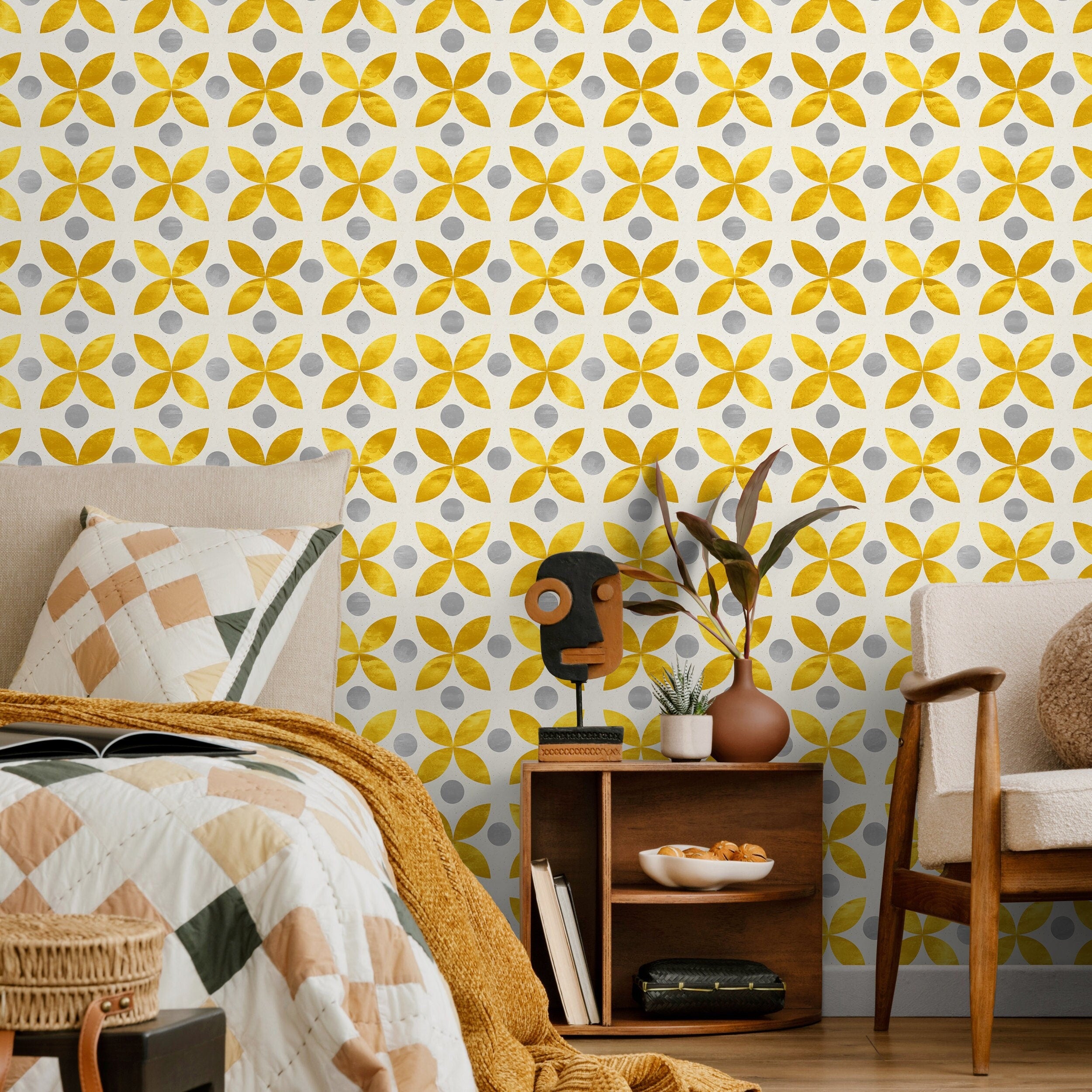 Geometric Wallpaper With A Scandinavian Floral Motif In Yellow And Grey - A737
