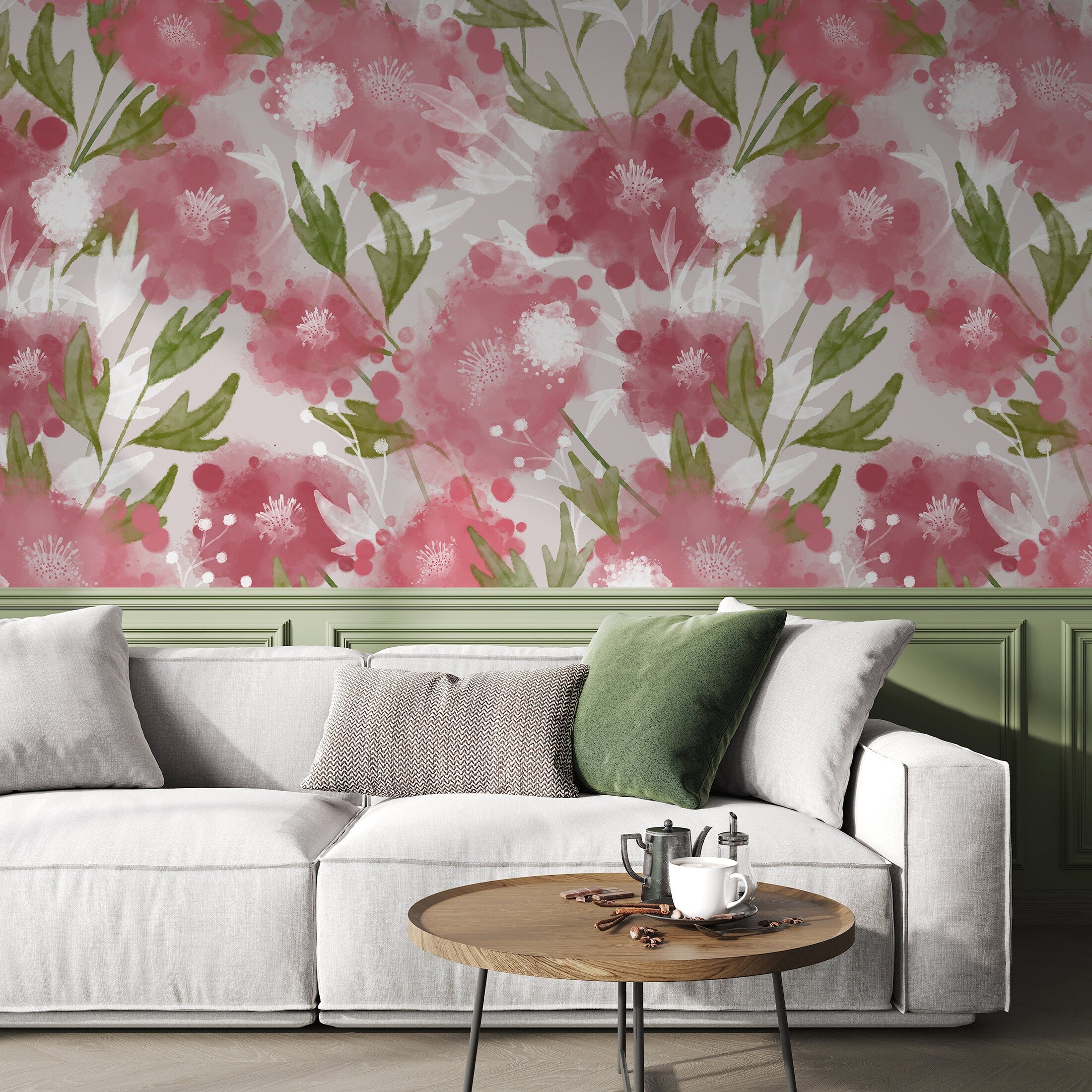 Floral Wallpaper With A Watercolor Motif In Pink And Green - X129