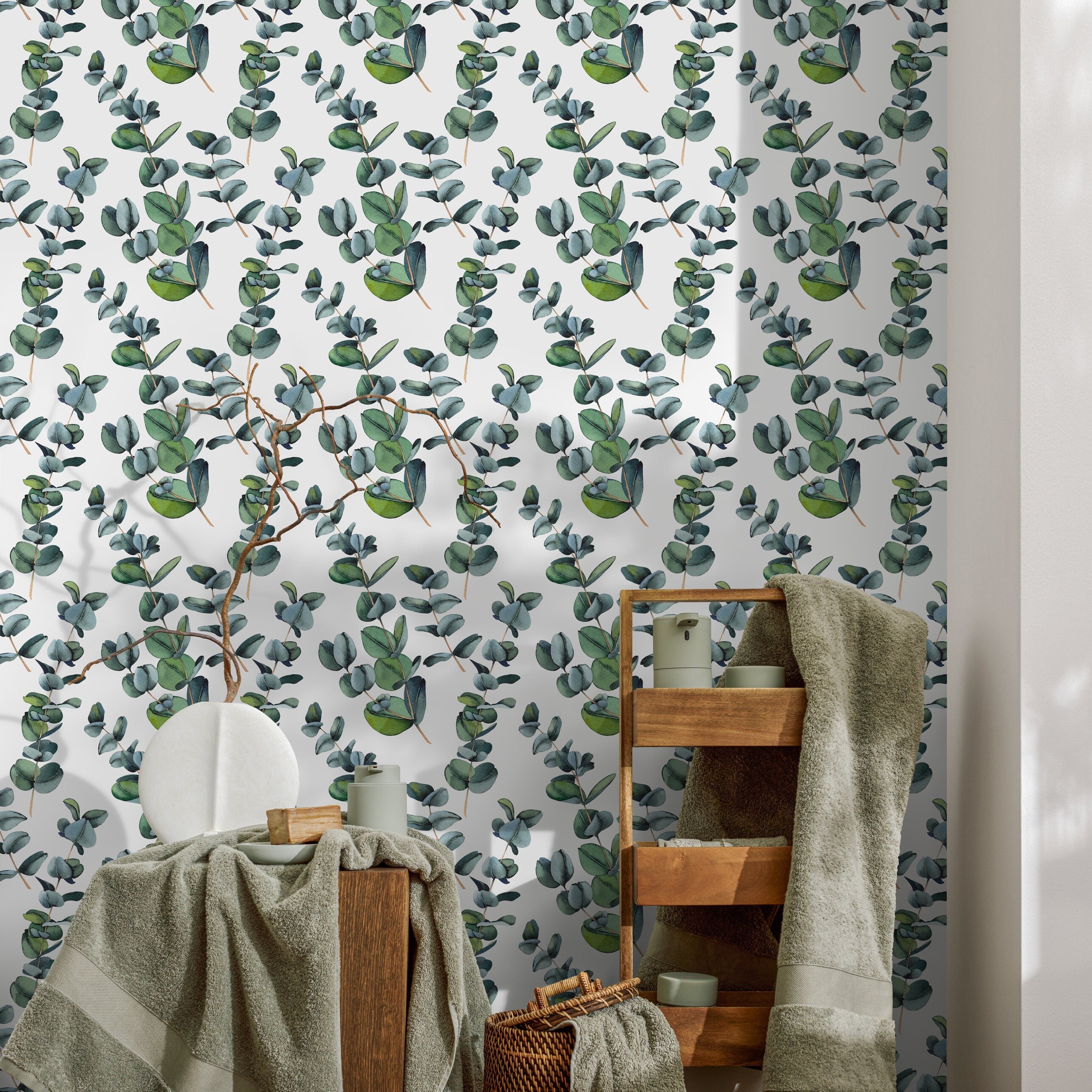 Botanical Wallpaper With Watercolor Eucalyptus Branches In Green - A756