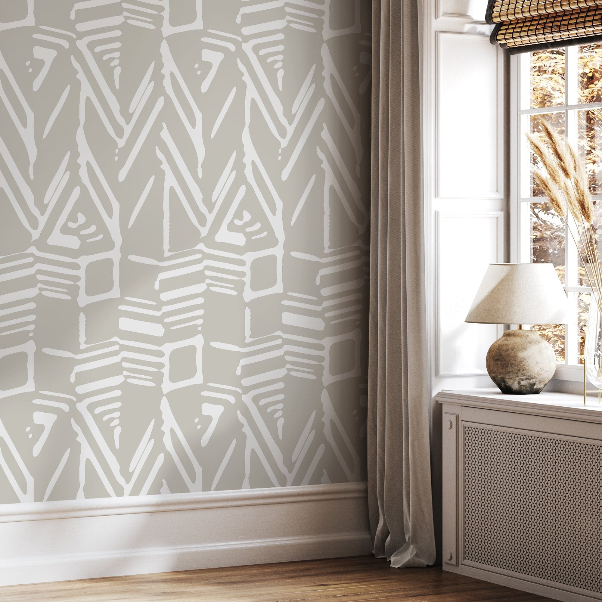 Abstract Wallpaper With A Tribal Brushstroke Motif In White And Beige - D959