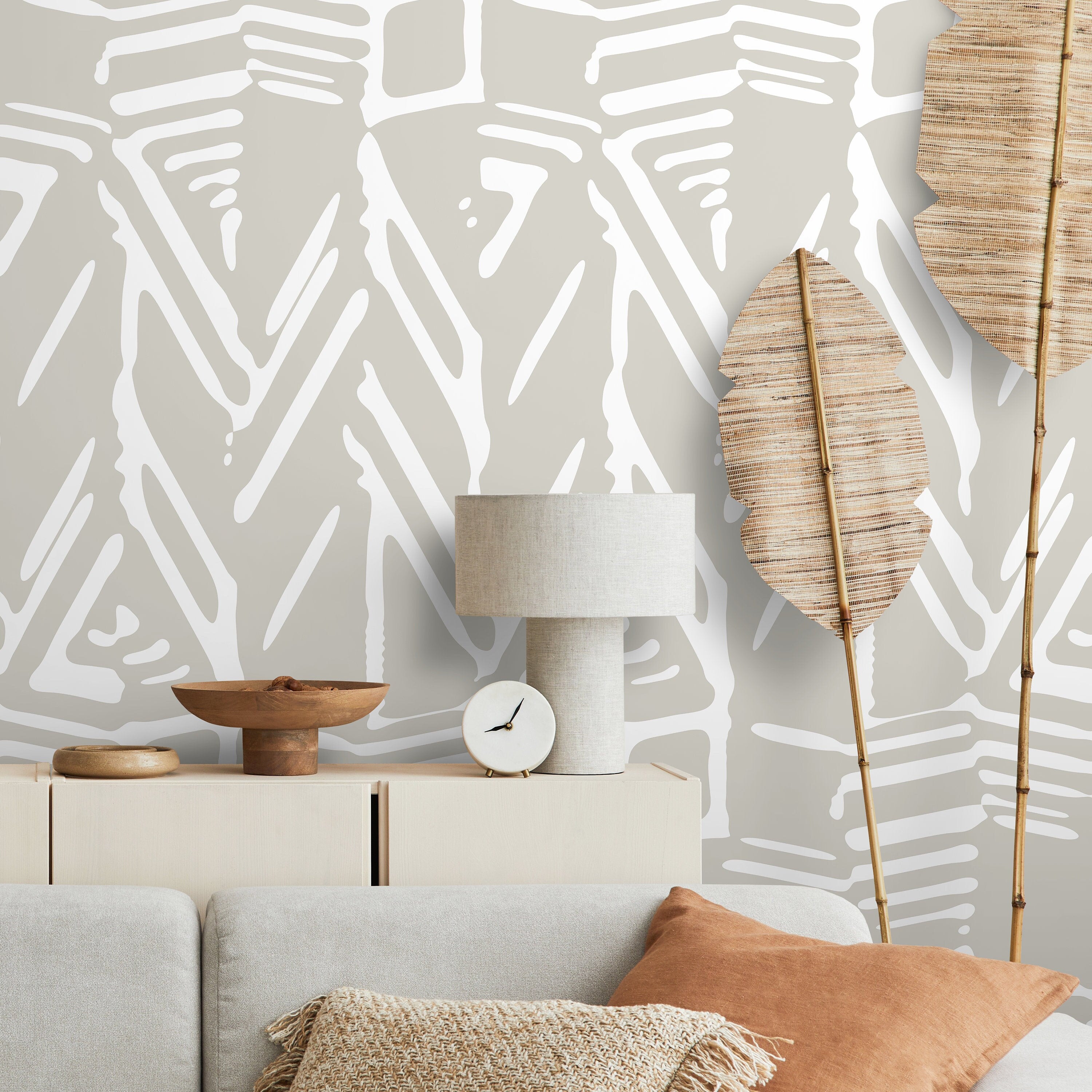 Abstract Wallpaper With A Tribal Brushstroke Motif In White And Beige - D959