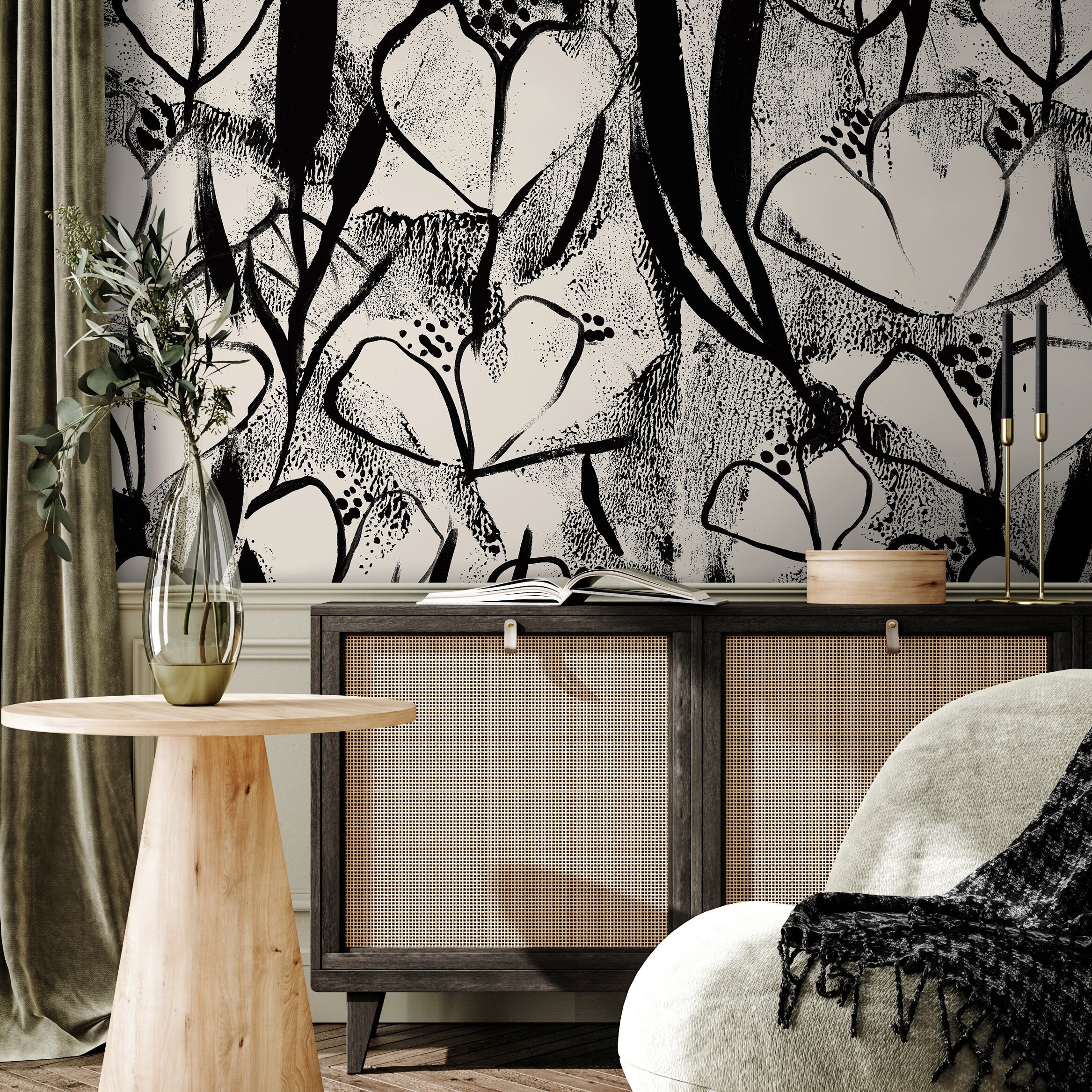 Floral Wallpaper With Abstract Heart-shaped Blooms In Black And Beige - X192