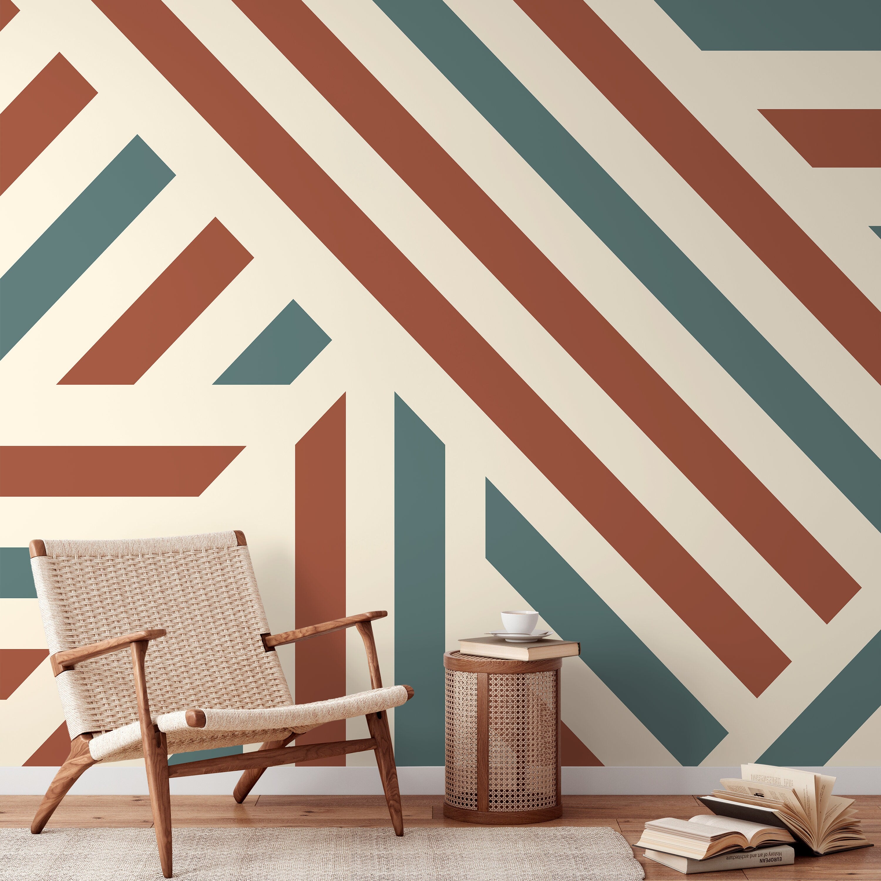 Geometric Wallpaper With Bold Stripes In Terracotta, Teal, And Cream - D733