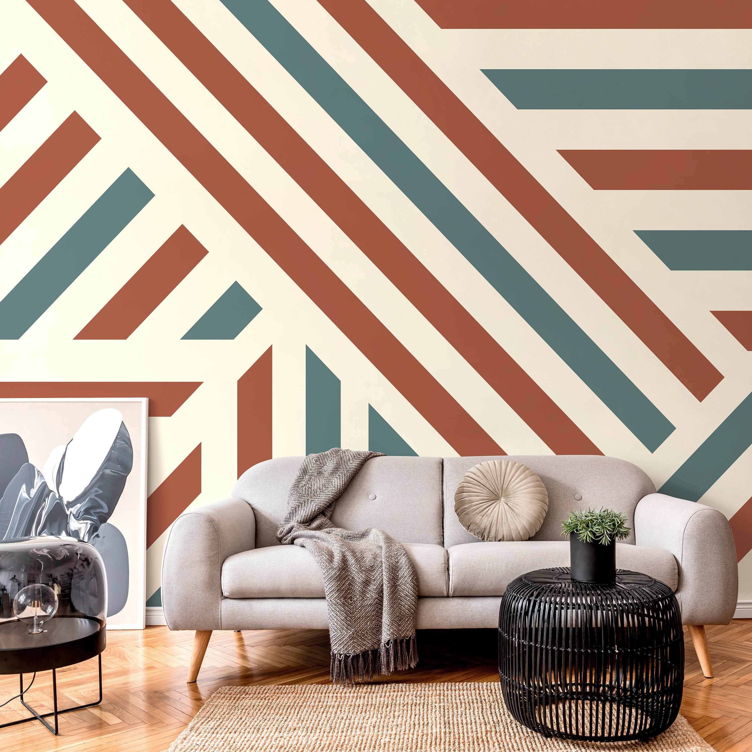 Geometric Wallpaper With Bold Stripes In Terracotta, Teal, And Cream - D733