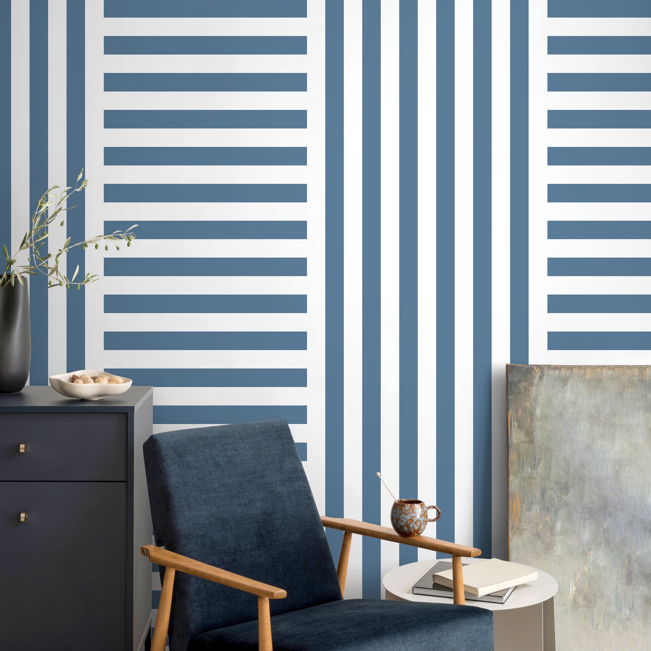 Geometric Wallpaper With Alternating Stripes In Blue And White - D738