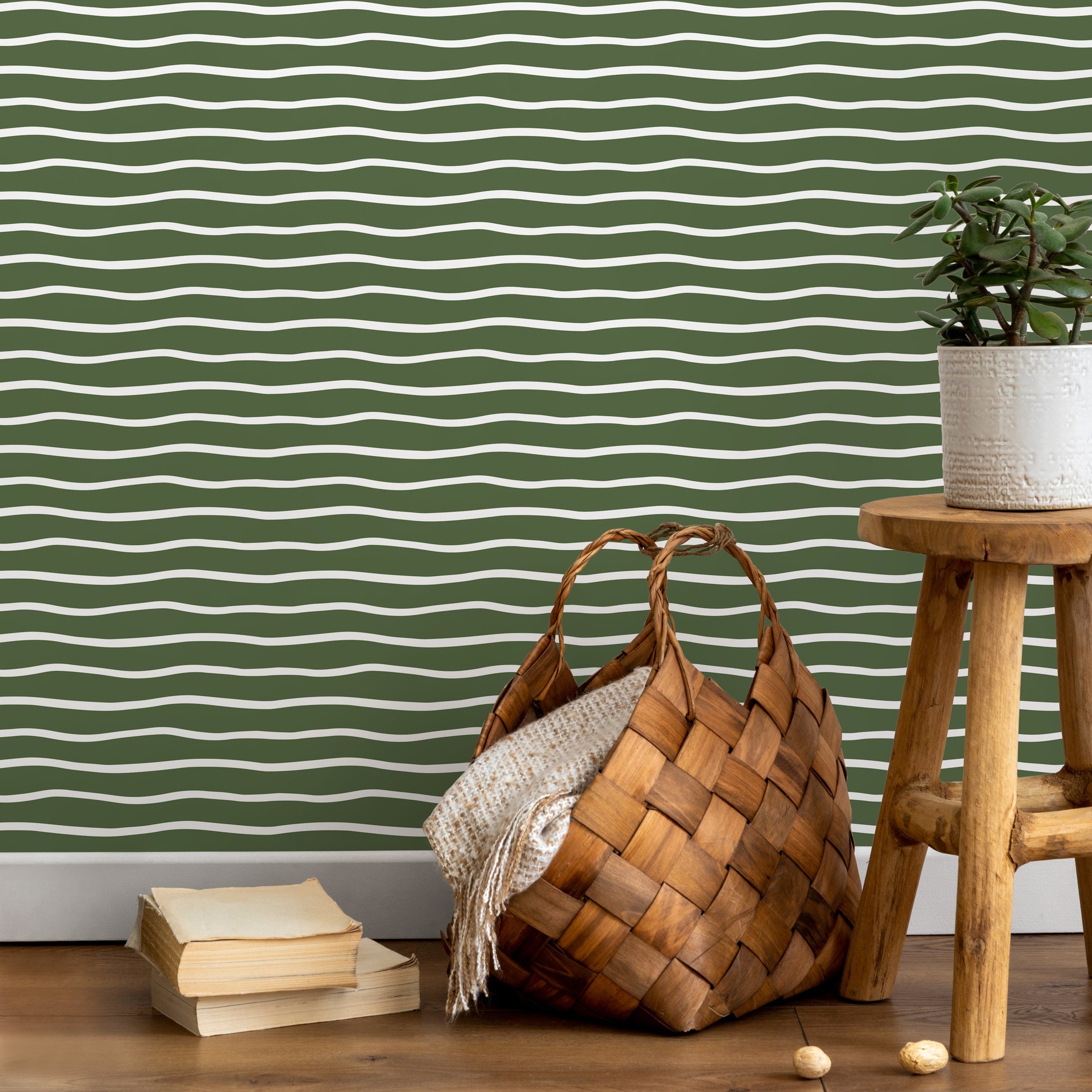 Abstract Wallpaper With Wavy Horizontal Lines In Dark Green And White - D750