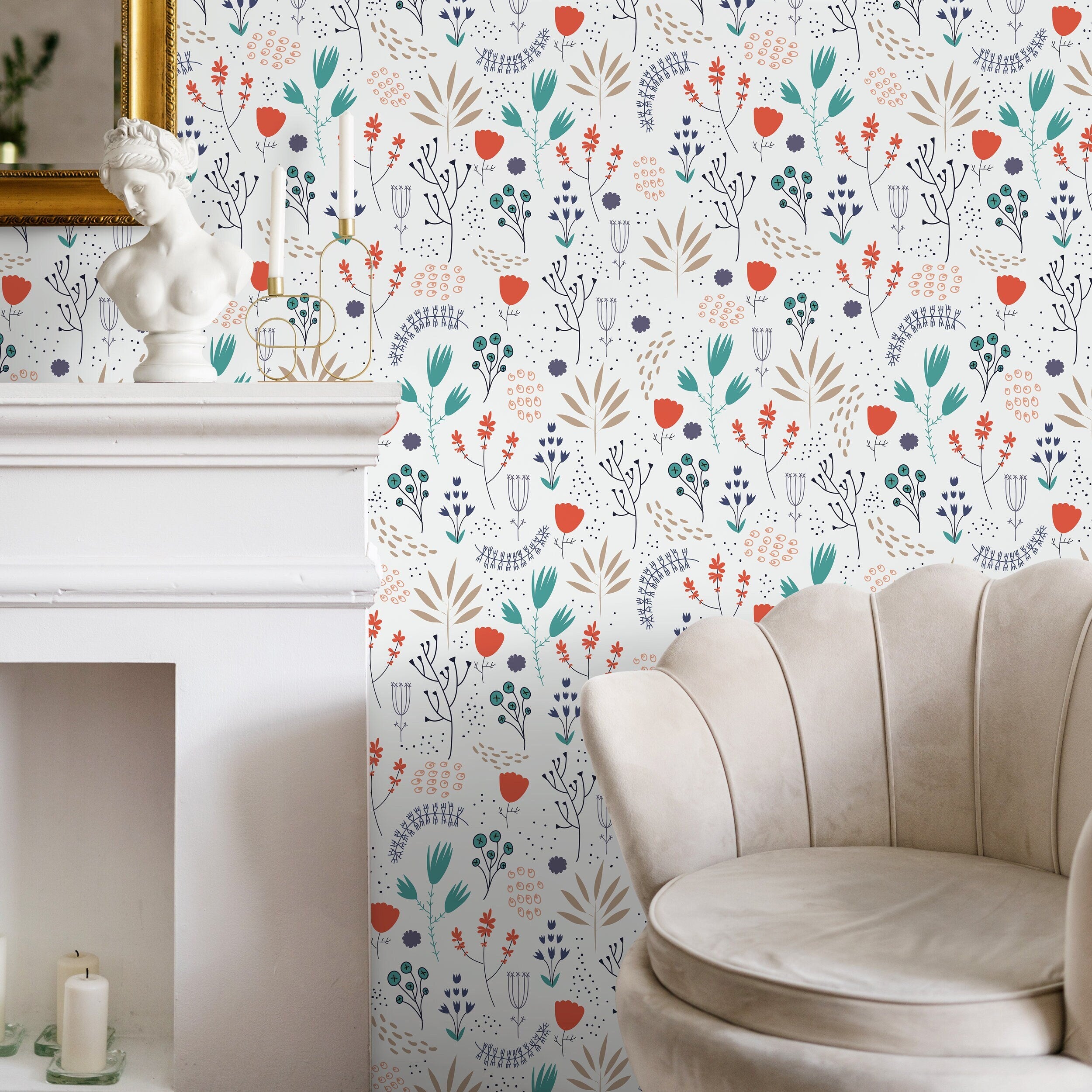 Scandinavian Wallpaper Featuring Stylized Wildflowers In Orange, Teal, And Blue - A163