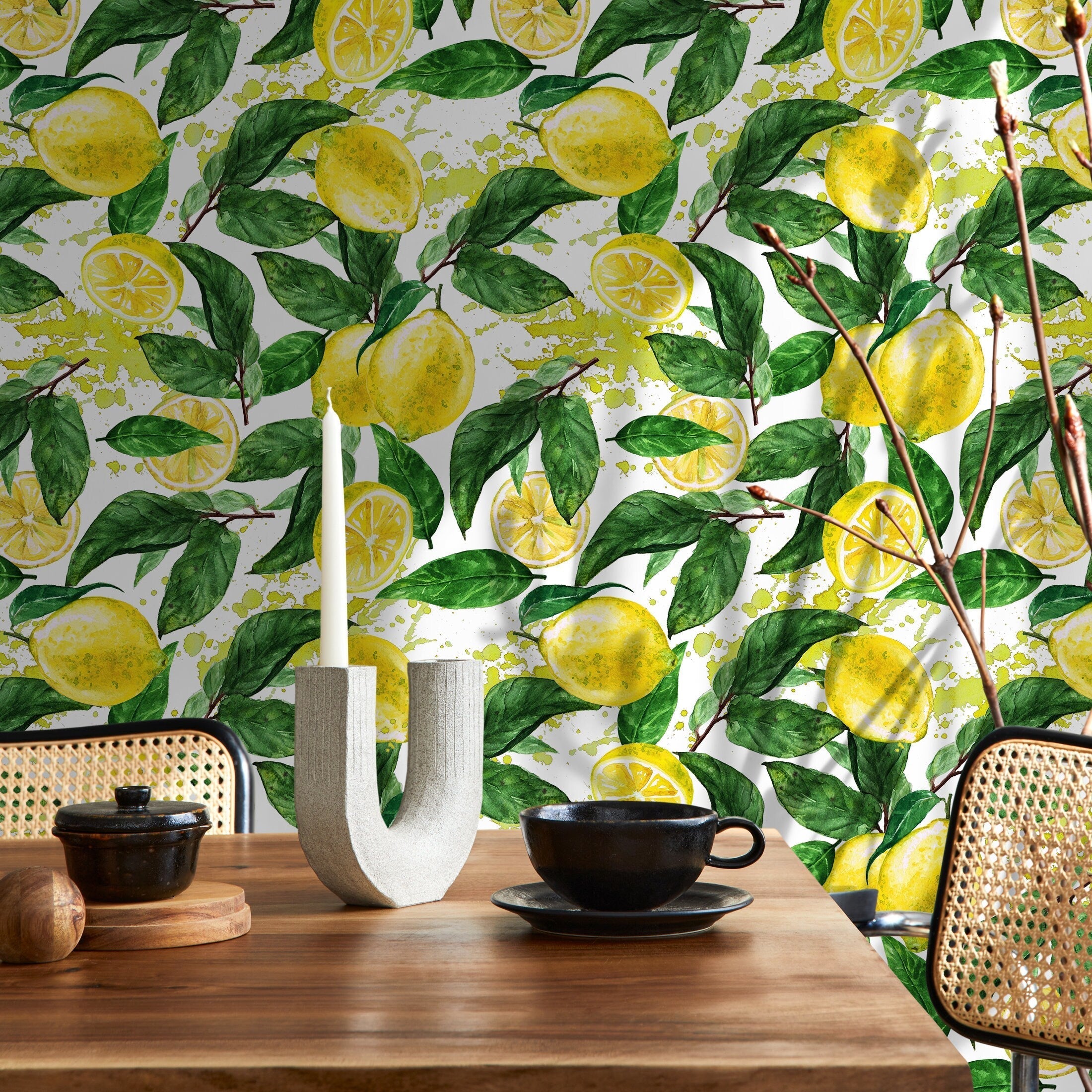 Tropical Wallpaper With A Watercolor Lemon Motif In Yellow And Green - A174