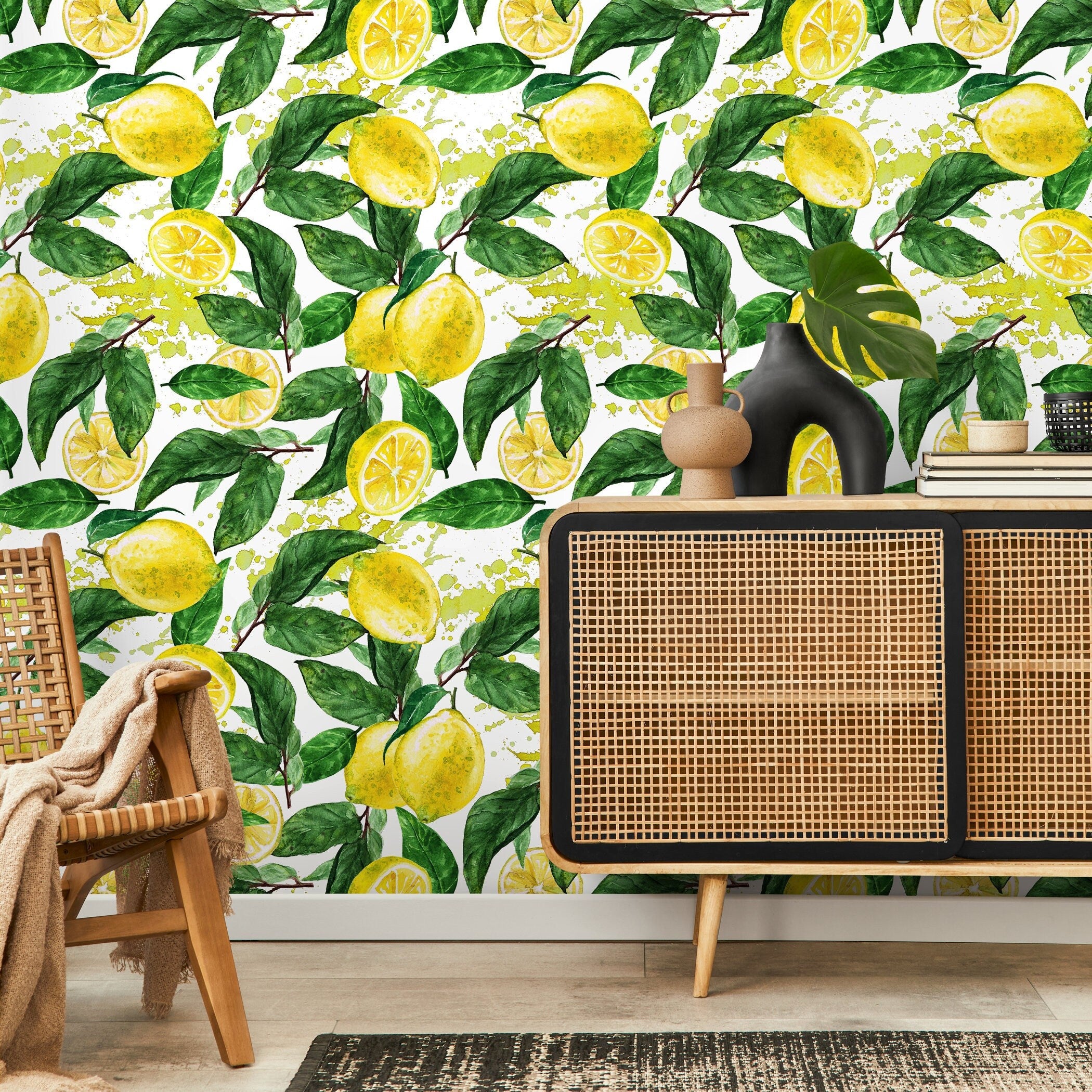 Tropical Wallpaper With A Watercolor Lemon Motif In Yellow And Green - A174