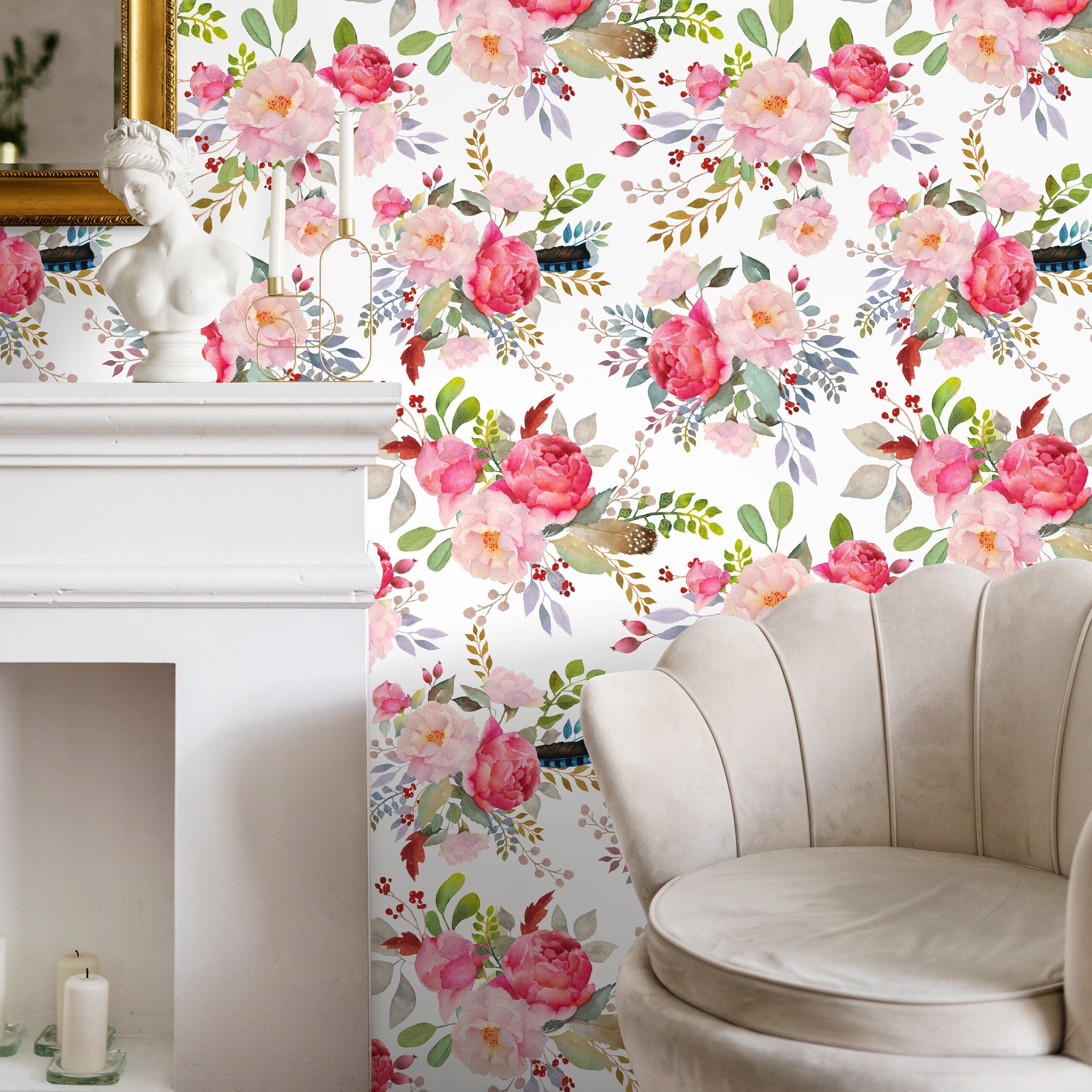 Floral Wallpaper With Watercolor Peonies In Pink, Red, And Green - A184