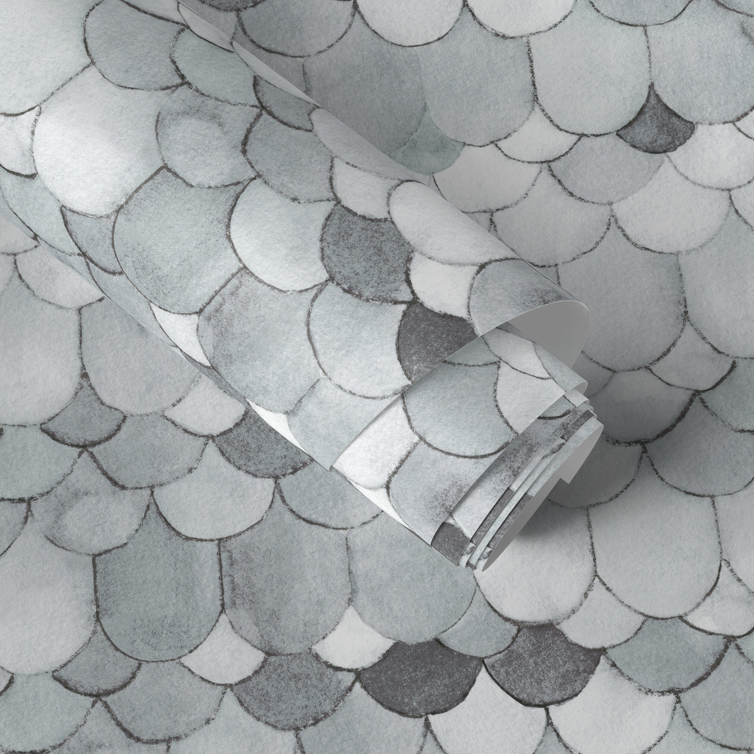 Scallop Wallpaper With A Watercolor Fish Scale Motif In Gray And Charcoal - X077