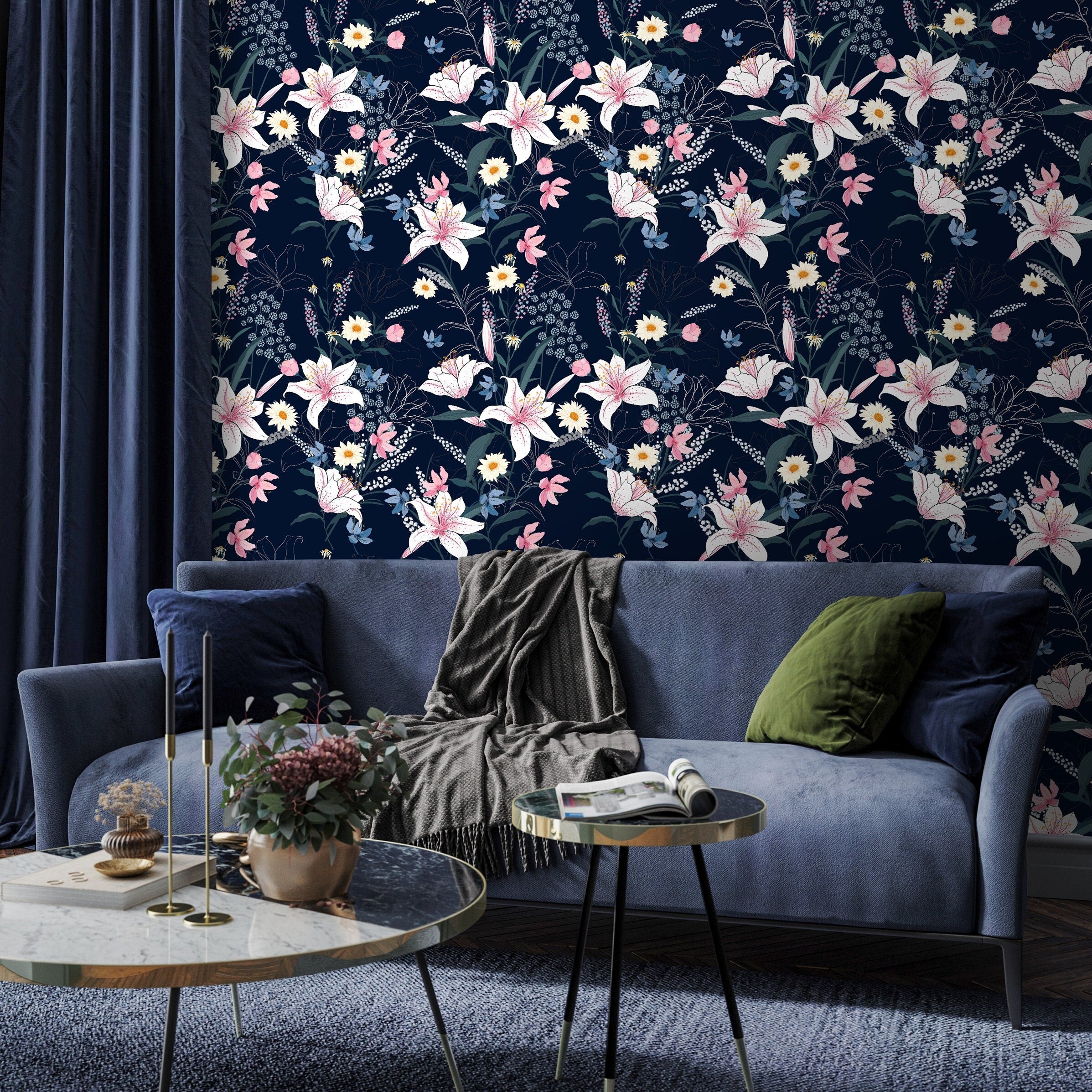 Floral Wallpaper With Lilies And Wildflowers In Navy Blue, Pink, And White - A563