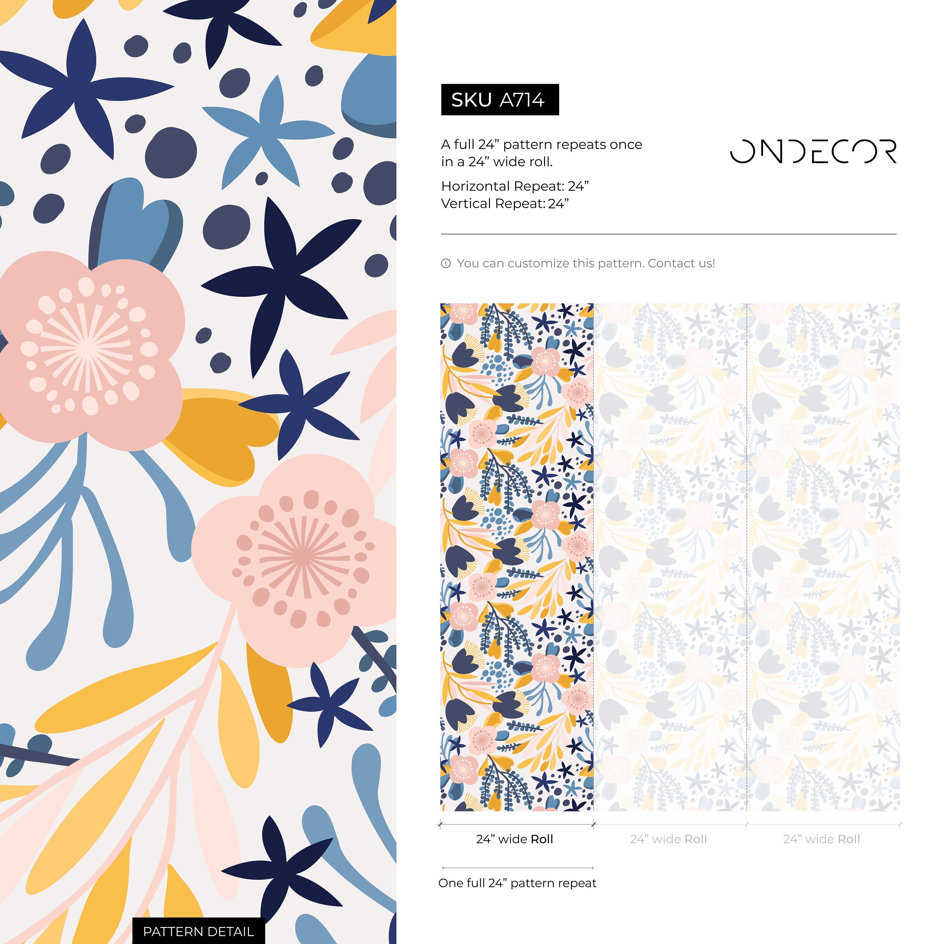 Scandinavian Wallpaper With Stylized Flowers In Navy Blue, Yellow, And Pink - A714