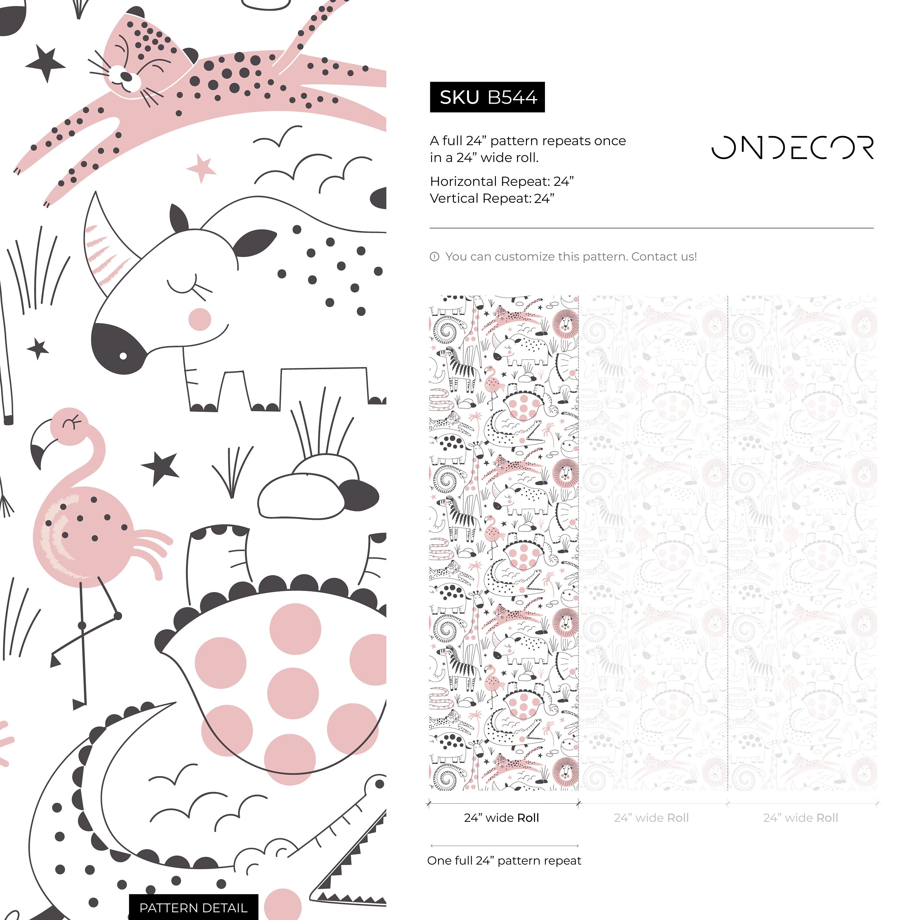 Scandinavian Wallpaper With Cute Safari Animals In Pink And Black - B544