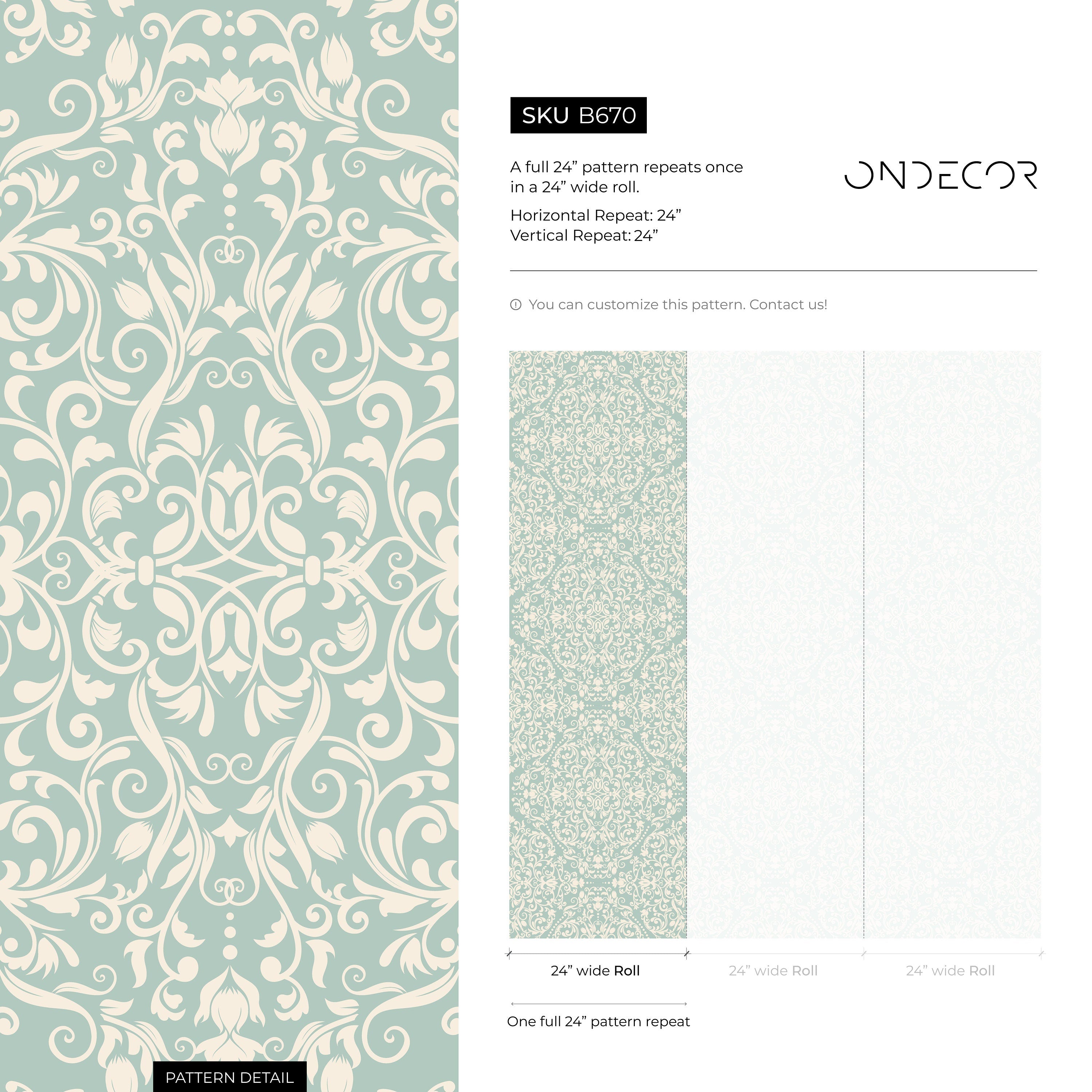 Damask Wallpaper With Intricate Scrolls In Sage Green And Cream - B670