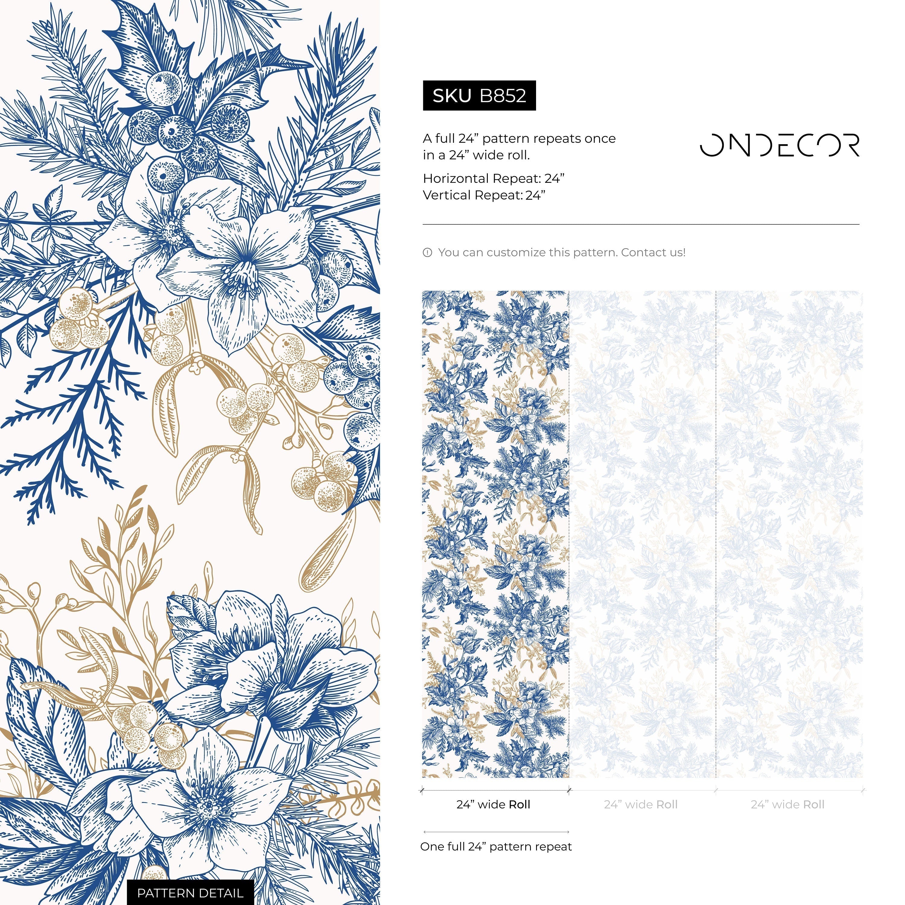 Botanical Wallpaper With Vintage Floral Bouquets In Blue And Gold - B852