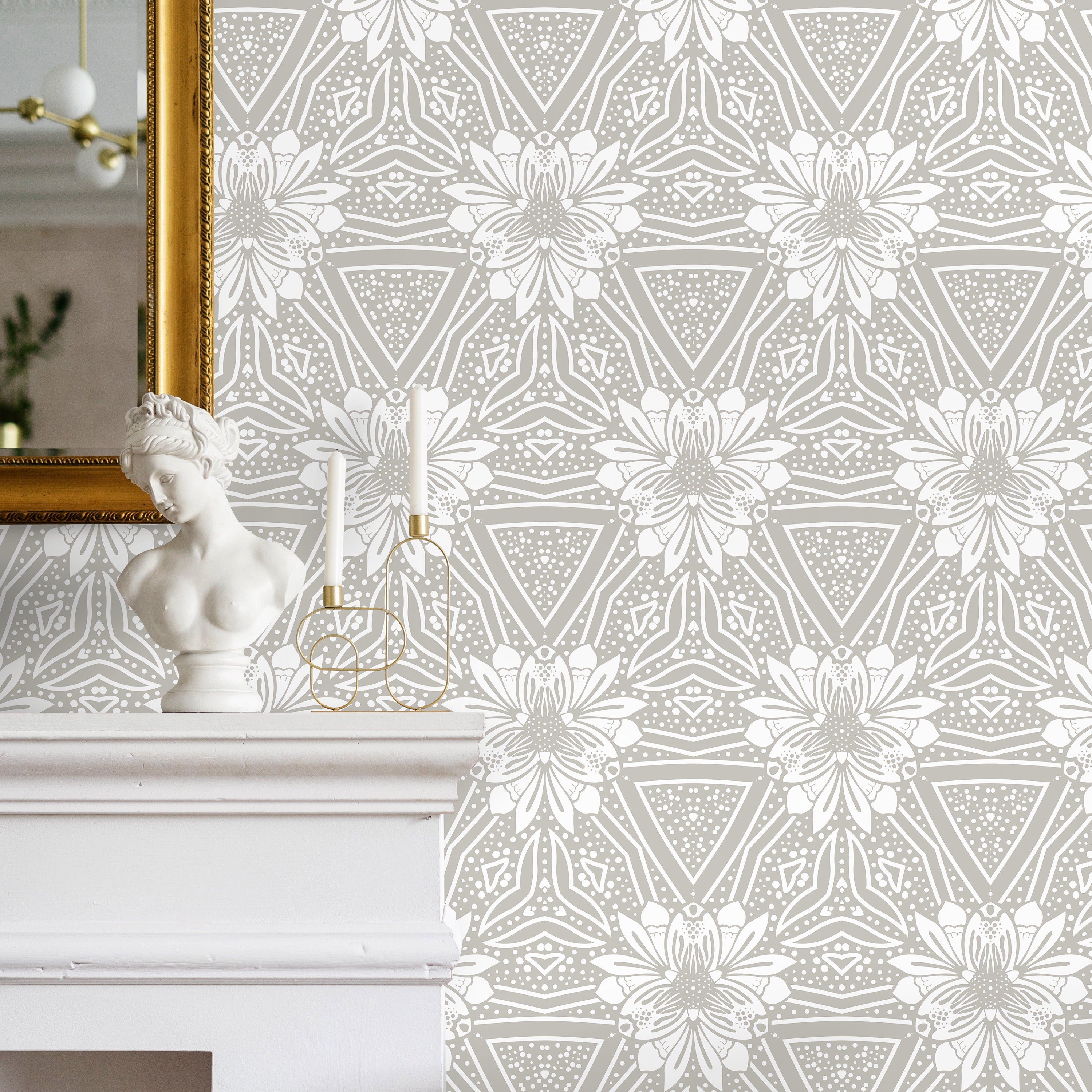 Scandinavian Wallpaper With A Geometric Floral Motif In Sage Green And White - X023