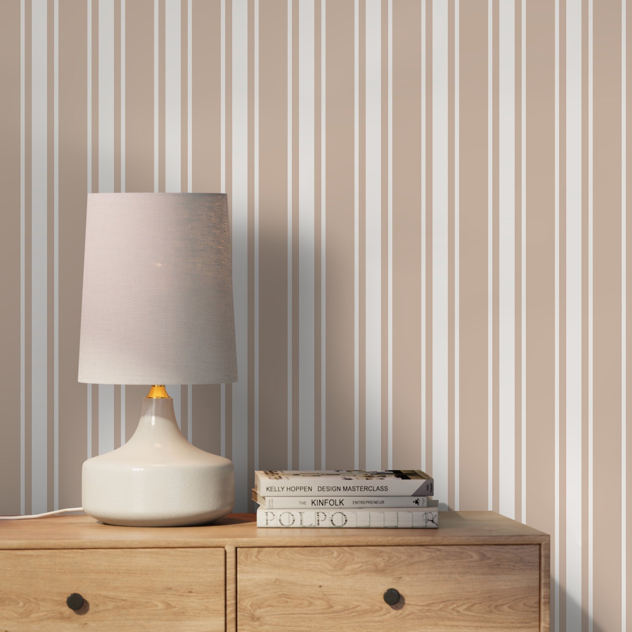 Striped Wallpaper With A Classic Vertical Stripe Motif In Beige And White - D757