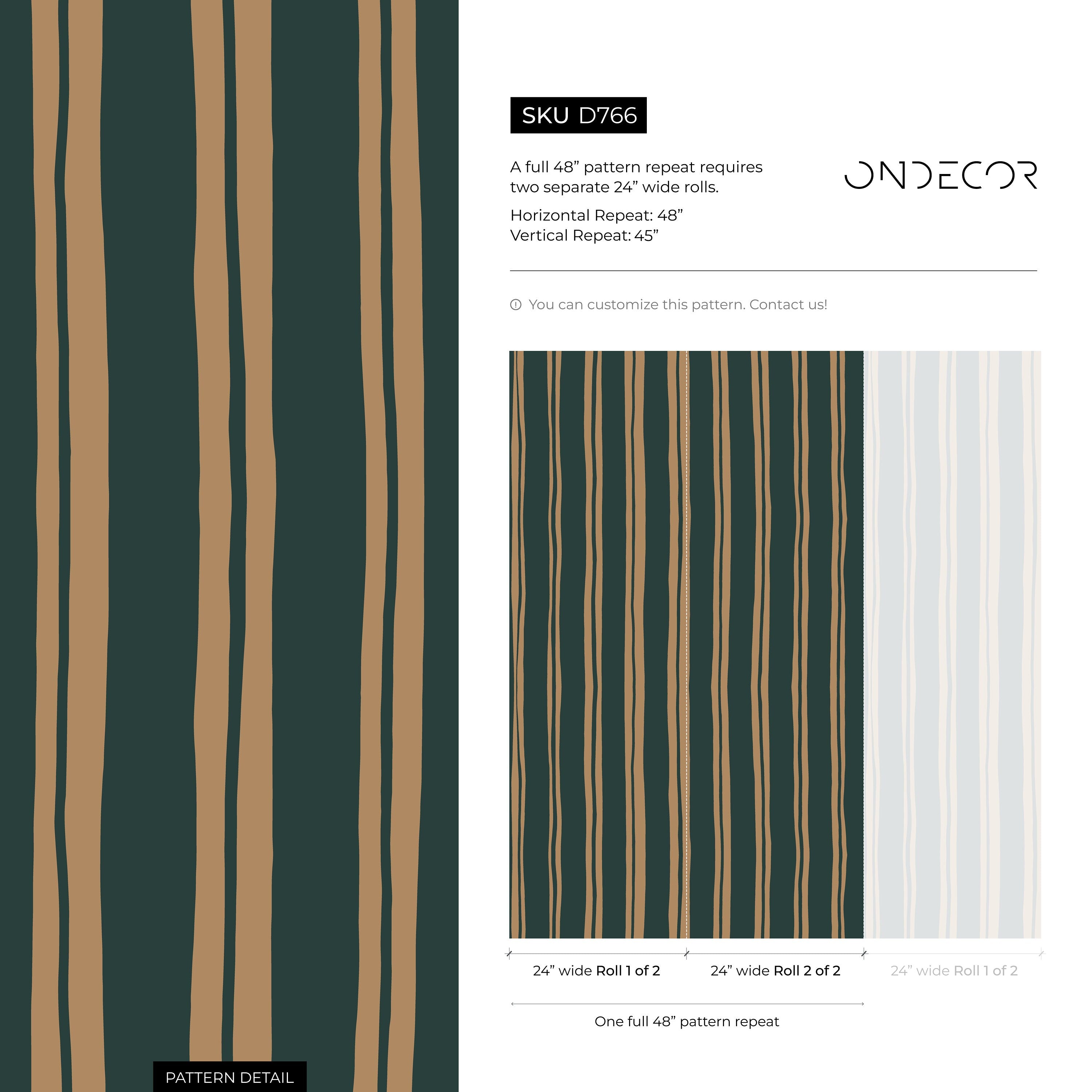 Striped Wallpaper With Wavy Hand-drawn Lines In Dark Green And Beige - D766