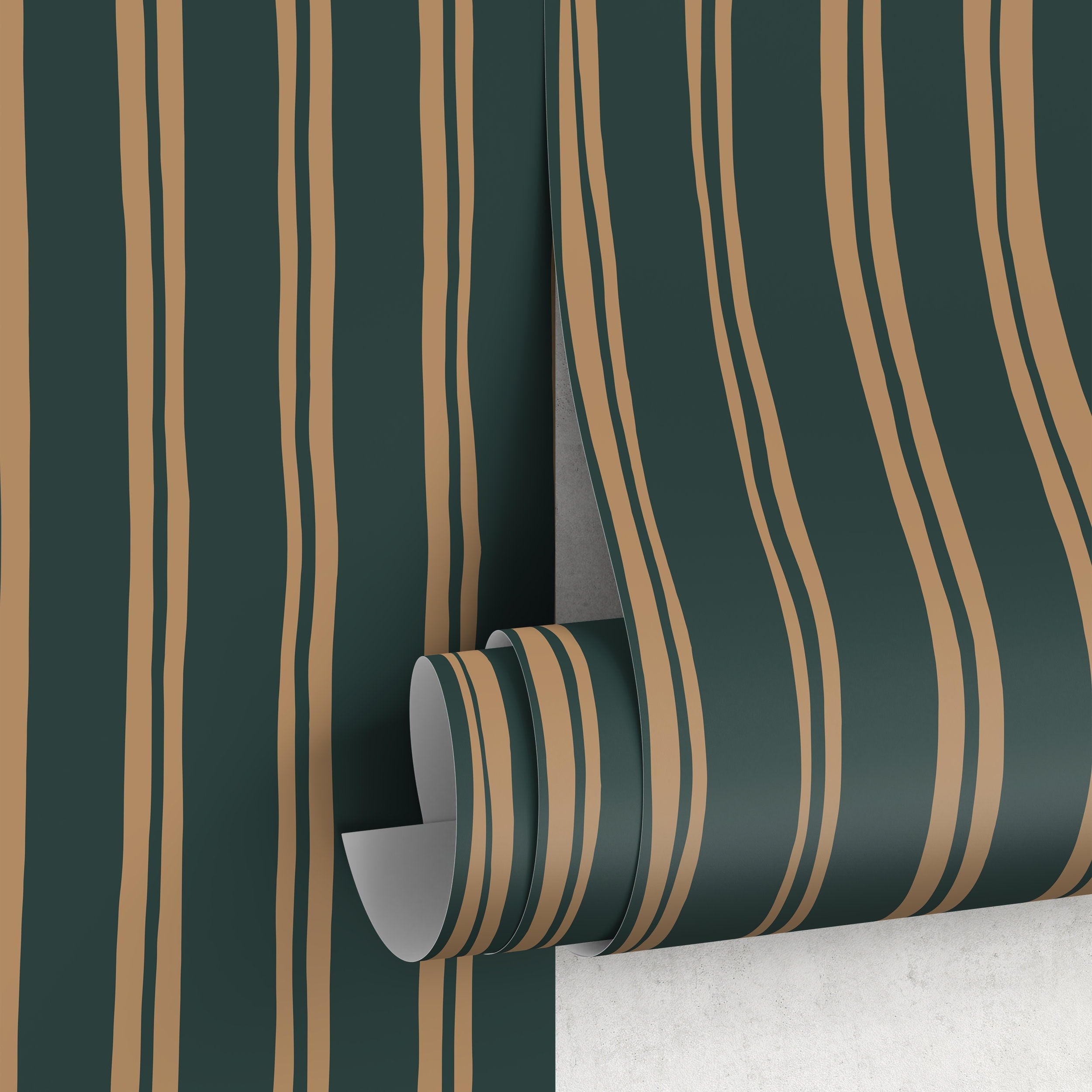 Striped Wallpaper With Wavy Hand-drawn Lines In Dark Green And Beige - D766
